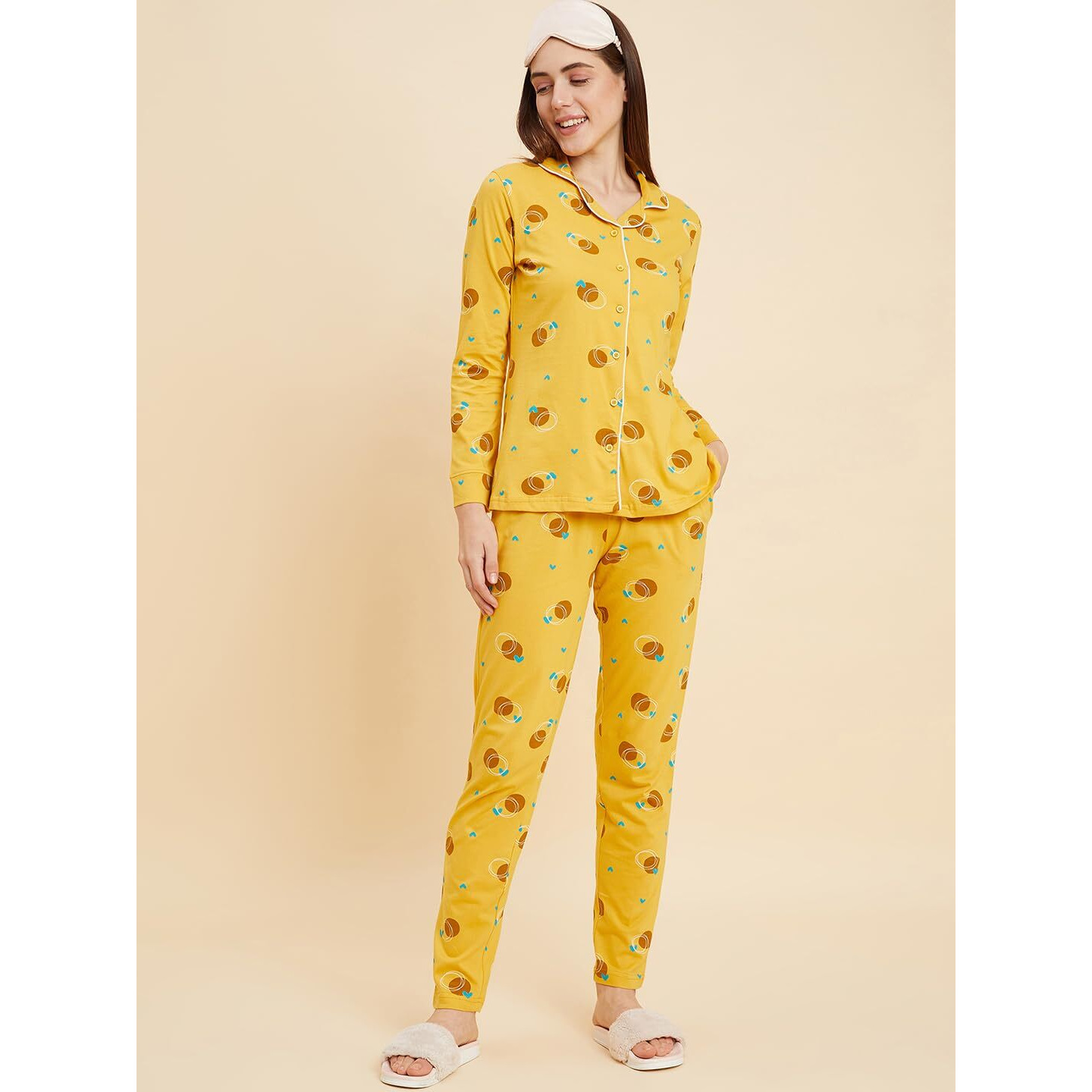 Sweet Dreams Women Printed Full Sleeves Pyjama Set Mustard