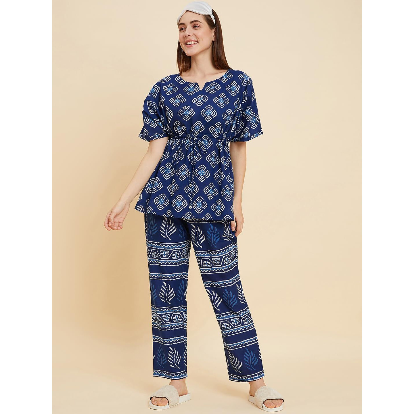 Sweet Dreams Blue & White Ethnic Motifs Printed Pure Cotton Kaftan And Pyjamas