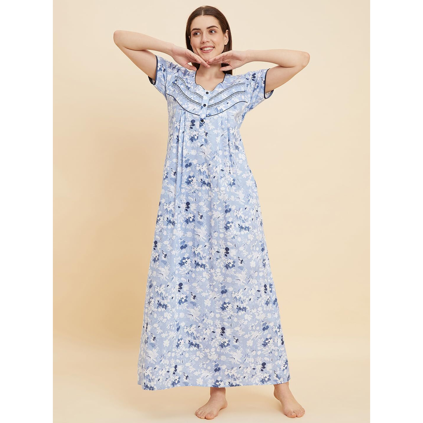 Sweet Dreams Women Printed Night Dress Blue