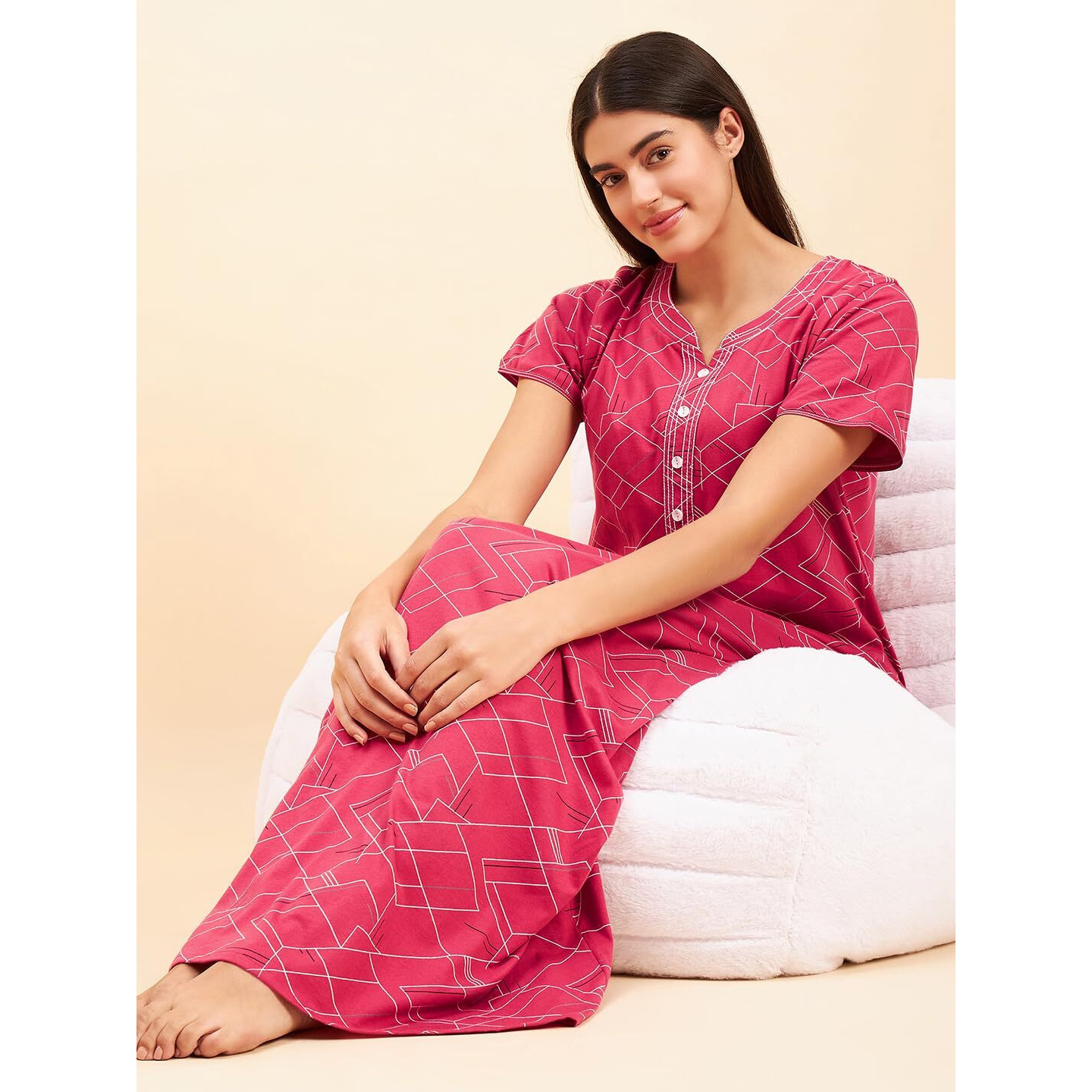 Sweet Dreams Women Printed Half Sleeves Night Dress Maroon