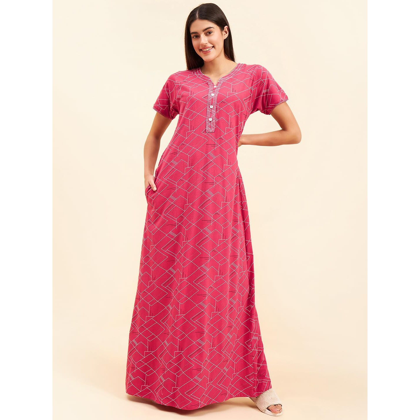 Sweet Dreams Women Printed Half Sleeves Night Dress Maroon