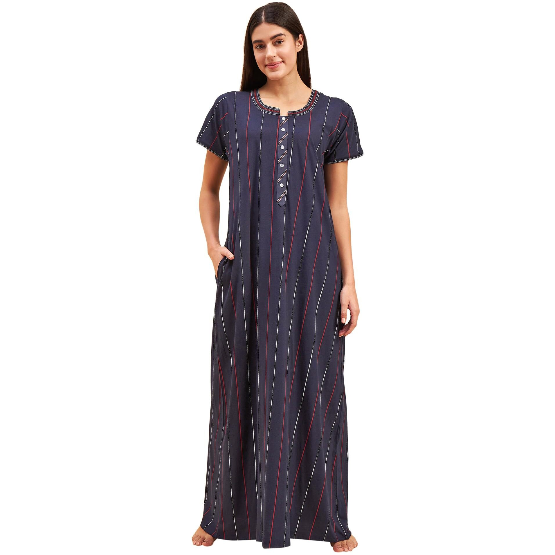 Sweet Dreams Women Printed Half Sleeves Night Dress Navy