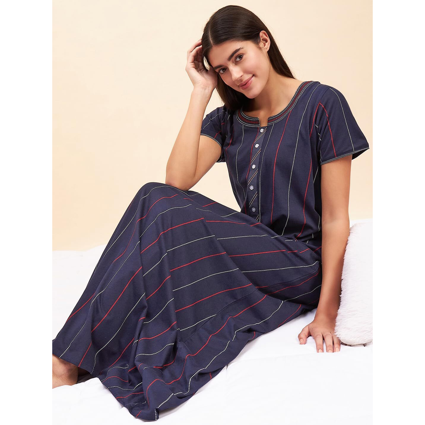 Sweet Dreams Women Printed Half Sleeves Night Dress Navy