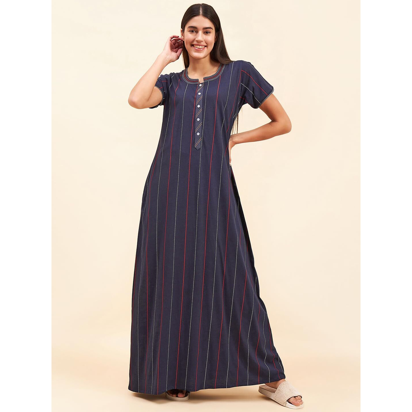 Sweet Dreams Women Printed Half Sleeves Night Dress Navy