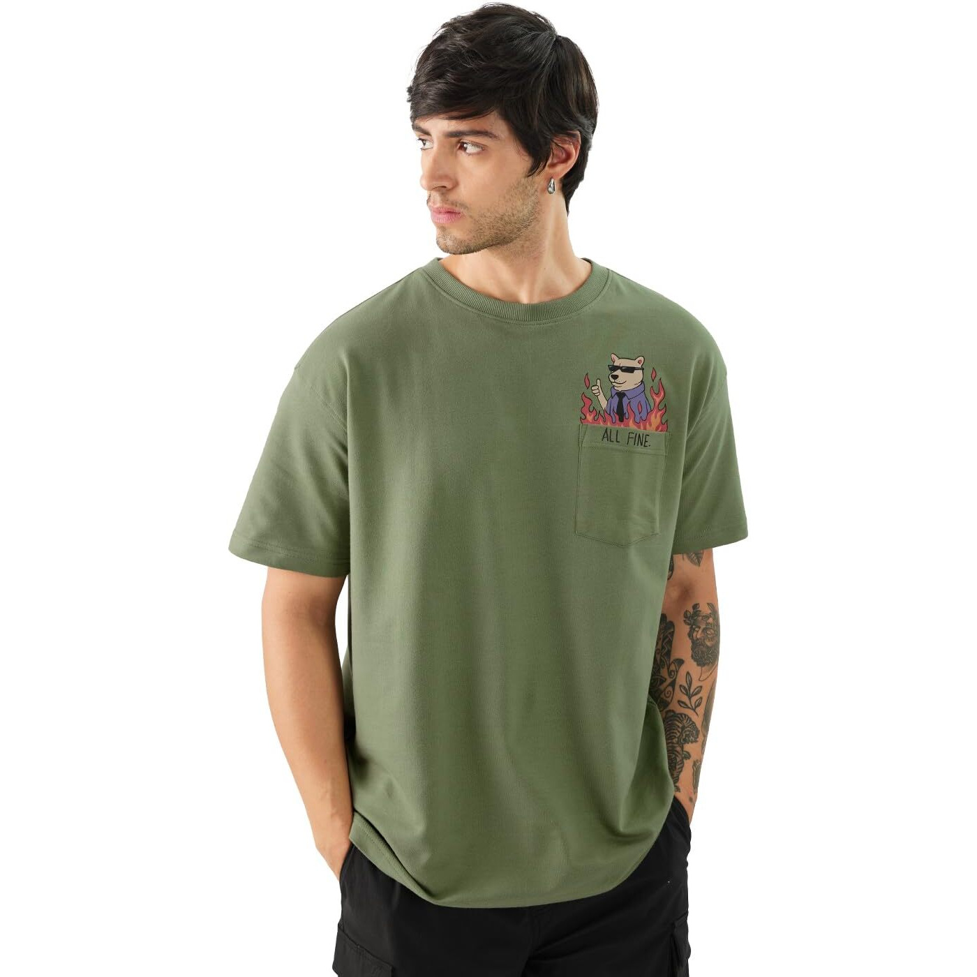 The Souled Store Ted The Stoner All Fine Men And Boys Short Sleeves Round Neck Green Graphic Printed Cotton Oversized T-Shirts