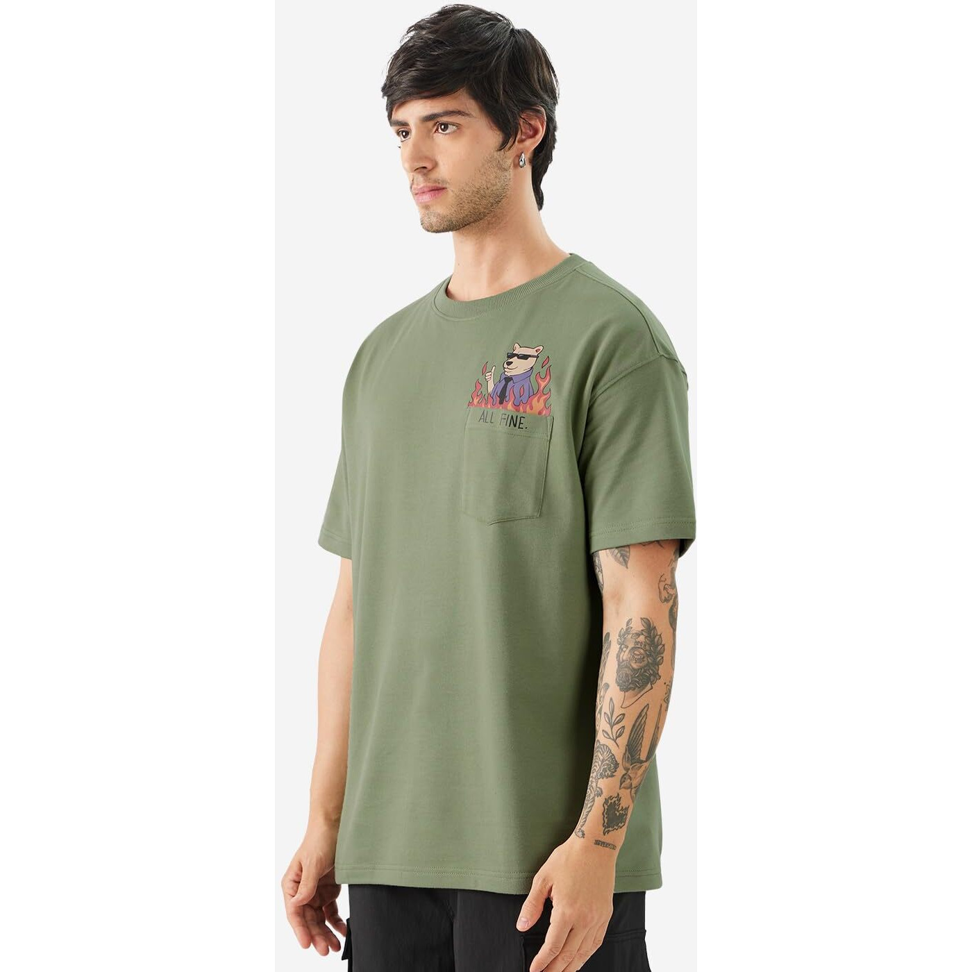The Souled Store Ted The Stoner All Fine Men And Boys Short Sleeves Round Neck Green Graphic Printed Cotton Oversized T-Shirts
