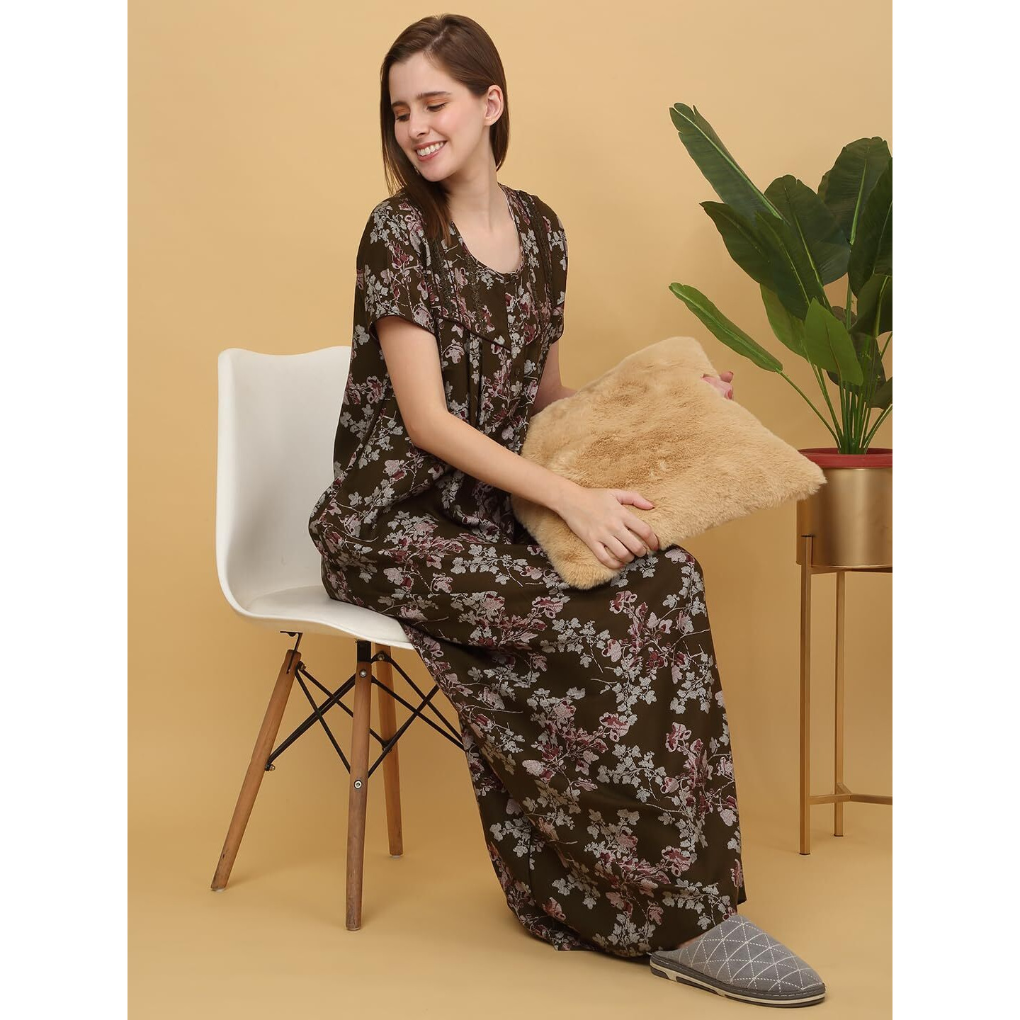 Sweet Dreams Women Printed Full Length Night Dress Green