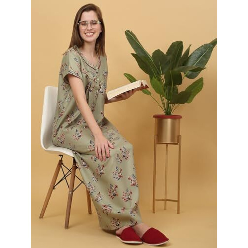 Sweet Dreams Women Printed Full Length Night Dress Green