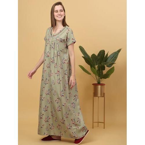 Sweet Dreams Women Printed Full Length Night Dress Green