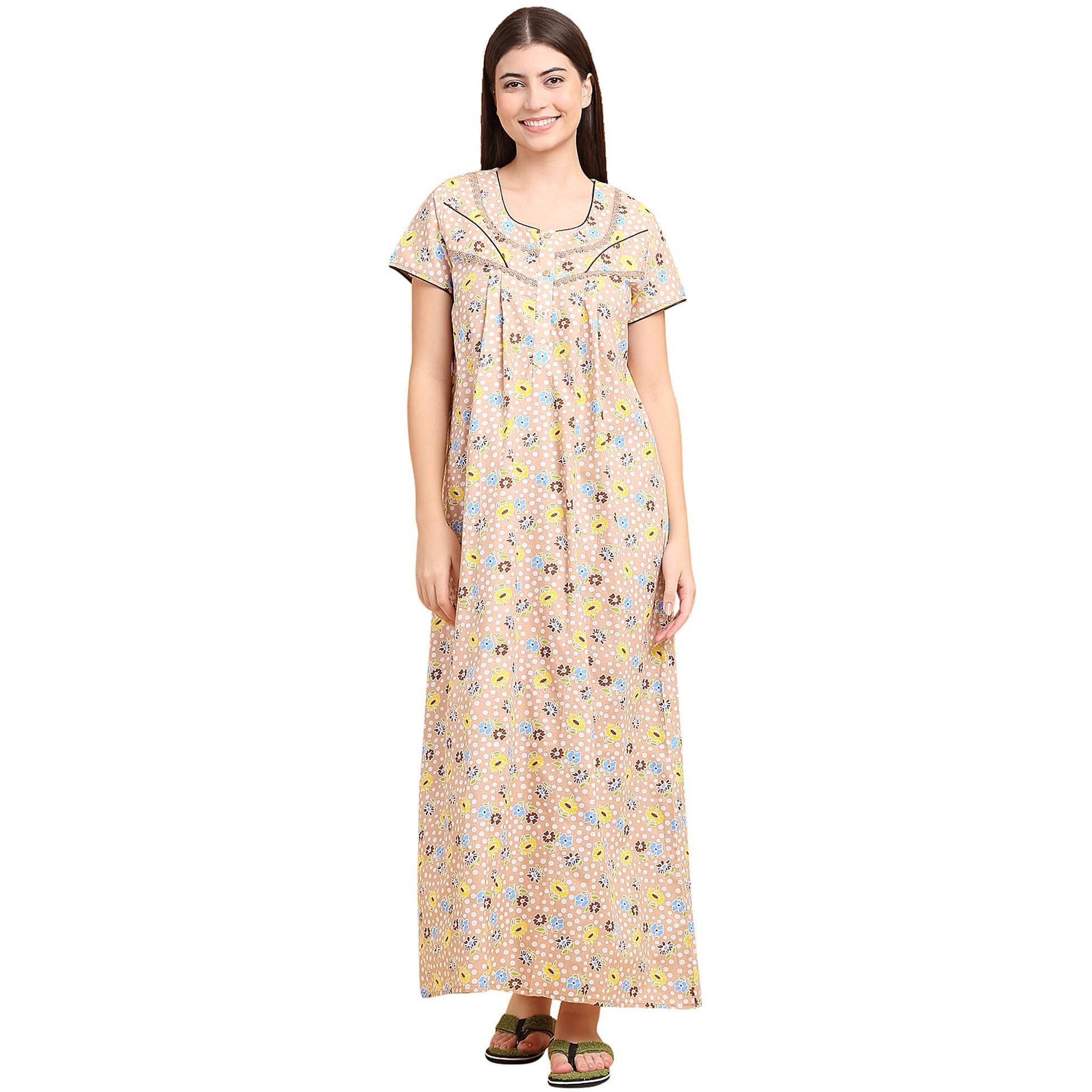 Sweet Dreams Women Printed Night Dress Beige