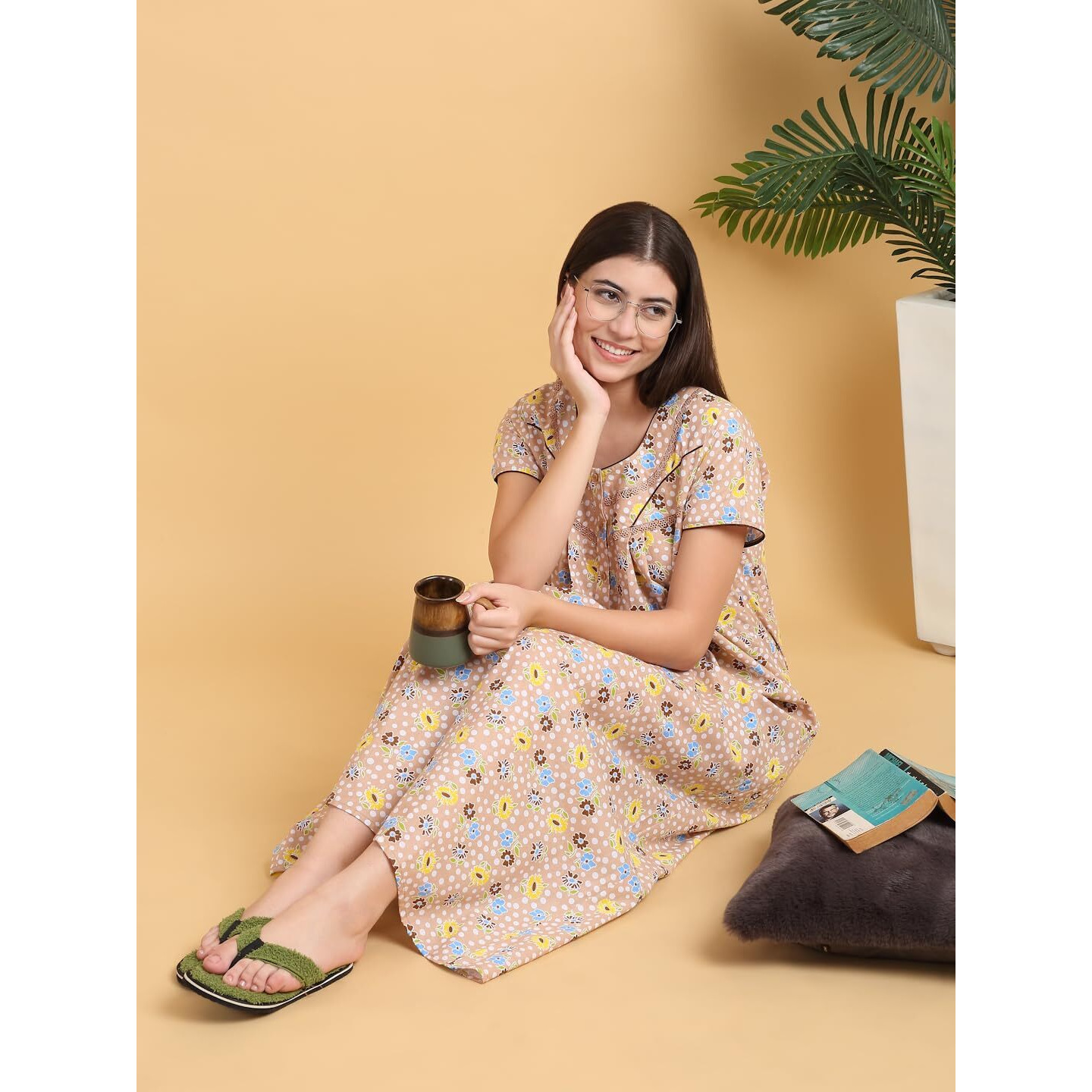 Sweet Dreams Women Printed Night Dress Beige