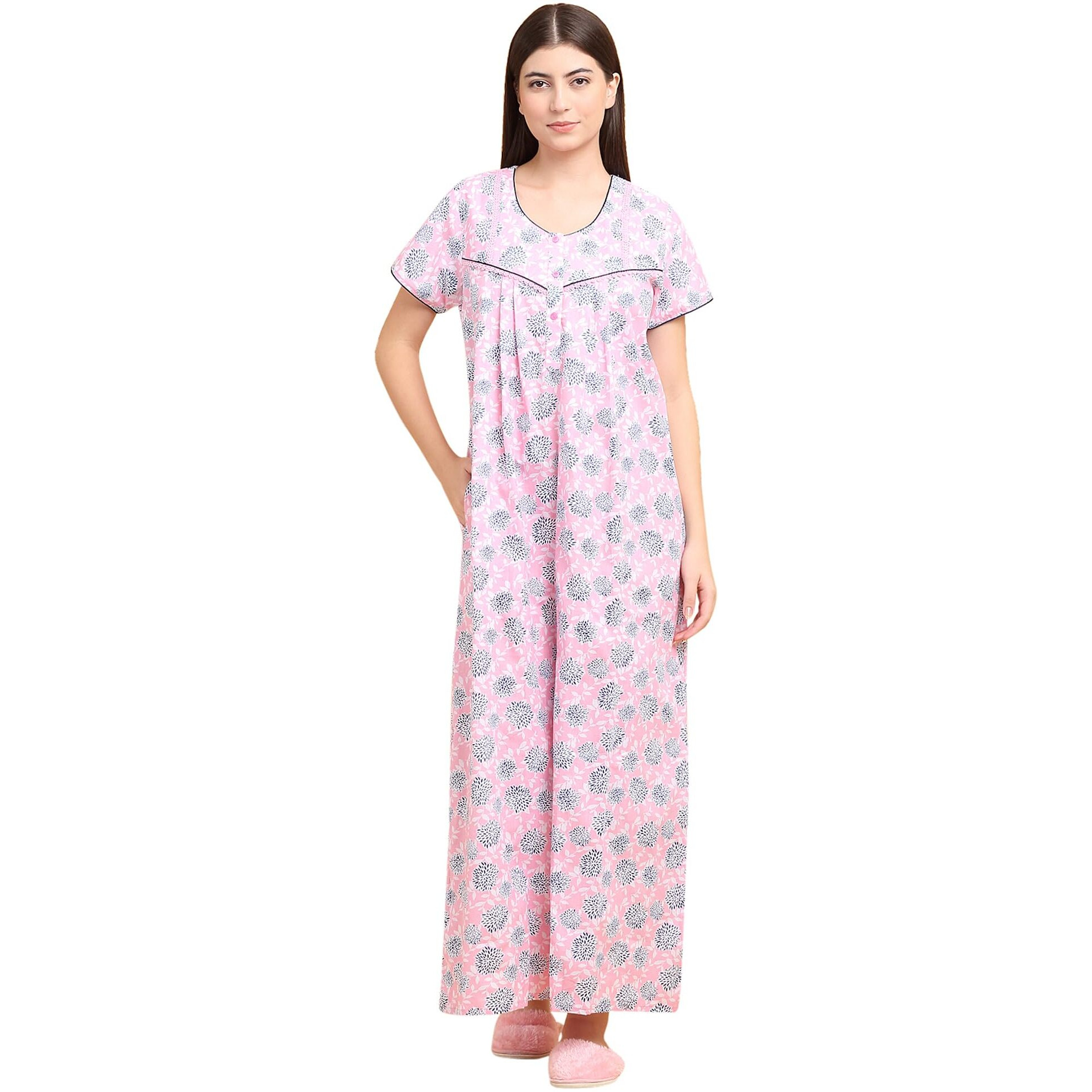 Sweet Dreams Women's Cotton Maxi Night Dress Nightgown (Ocw-3652_Pink_L)