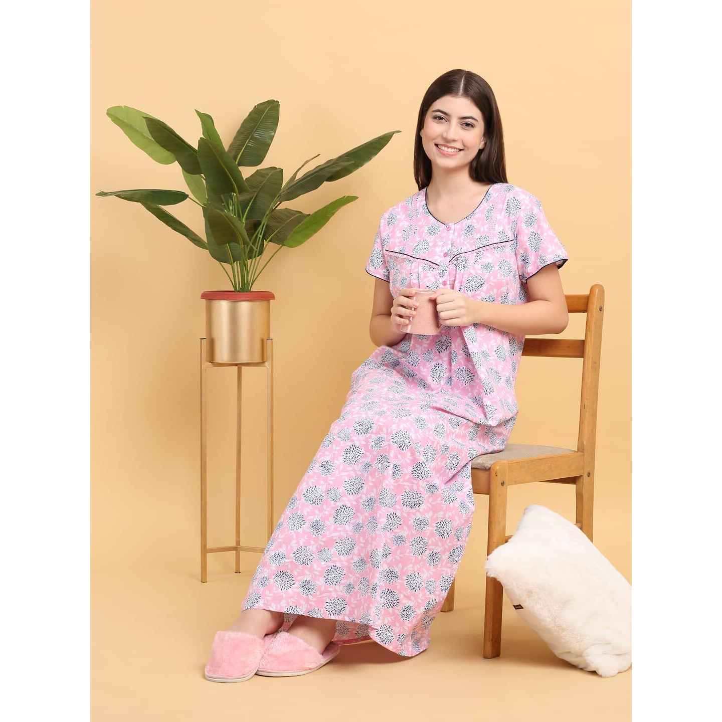 Sweet Dreams Women's Cotton Maxi Night Dress Nightgown (Ocw-3652_Pink_L)