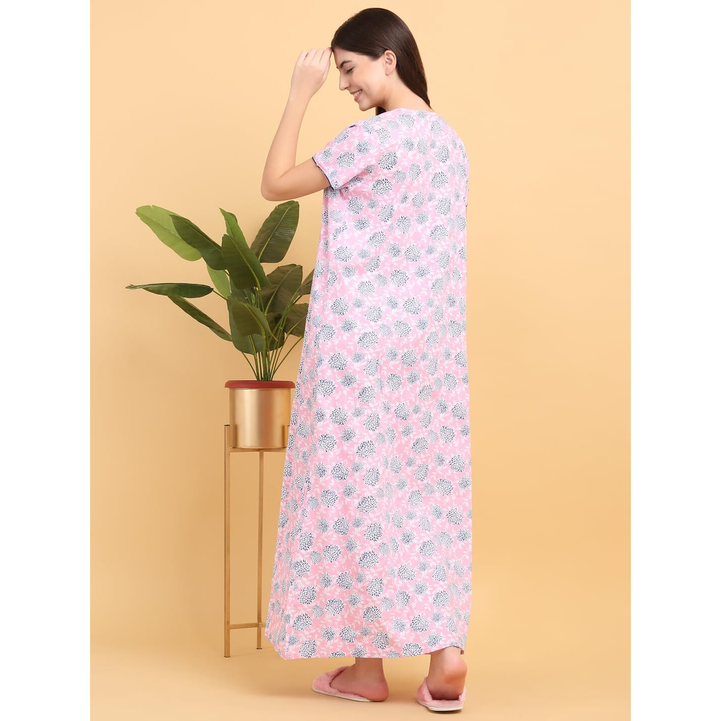 Sweet Dreams Women's Cotton Maxi Night Dress Nightgown (Ocw-3652_Pink_L)