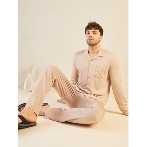 Sweet Dreams Men Solid Pyjama Set Beige