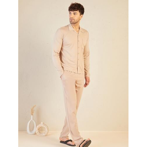 Sweet Dreams Men Solid Pyjama Set Beige