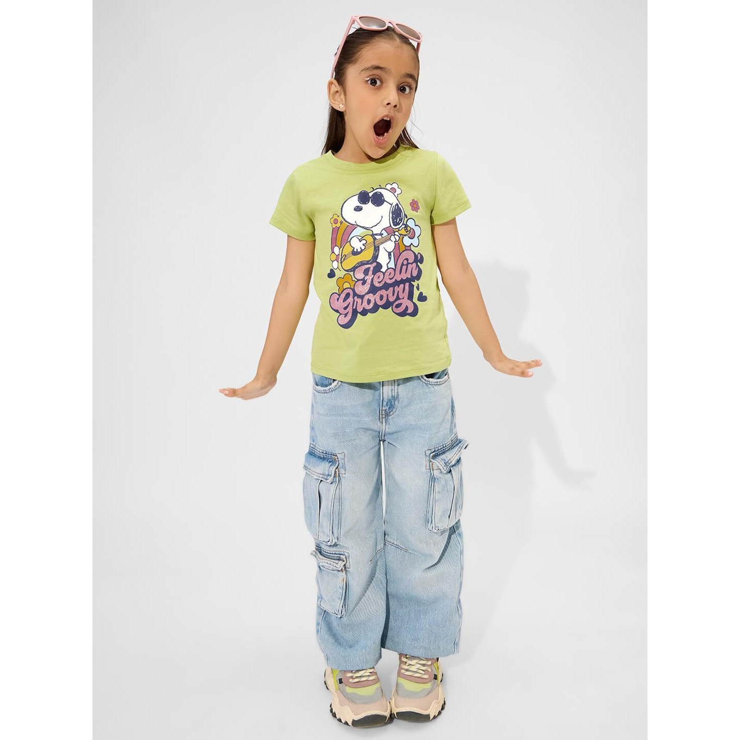 The Souled Store Peanuts Groovy Vibes Girls Short Sleeves Round Neck Green Graphic Printed Cotton T-Shirts