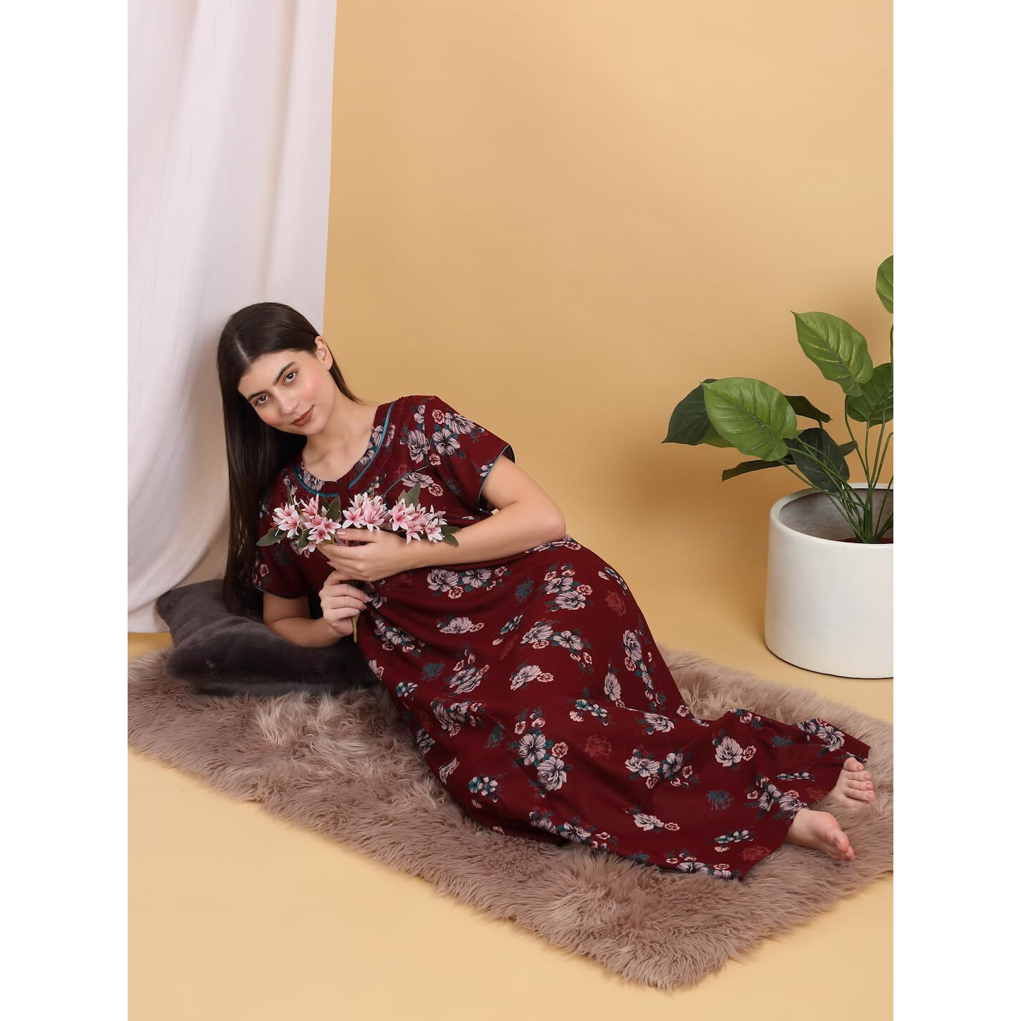 Sweet Dreams Women's Cotton Maxi Casual Nightgown (Ocw-3754 Maroon M)