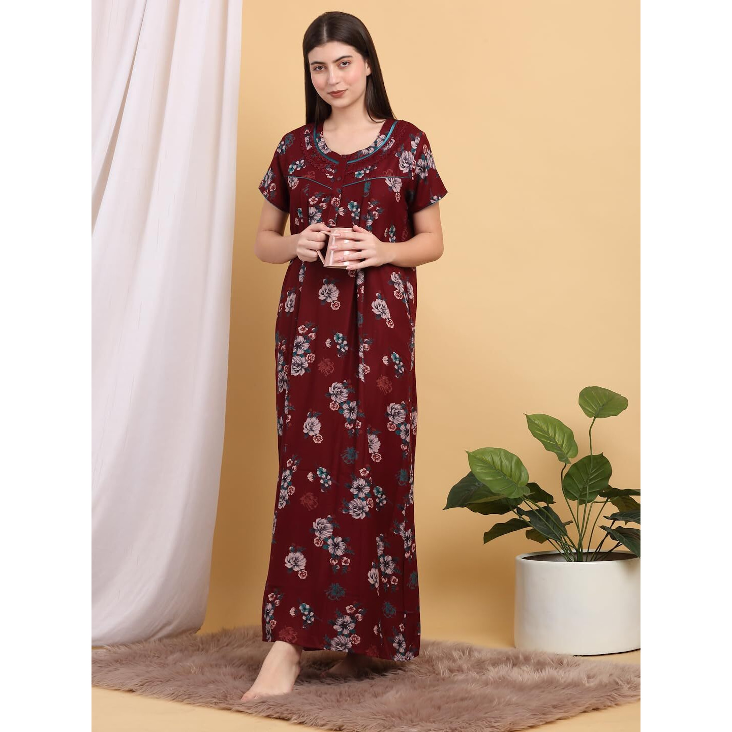 Sweet Dreams Women's Cotton Maxi Casual Nightgown (Ocw-3754 Maroon M)