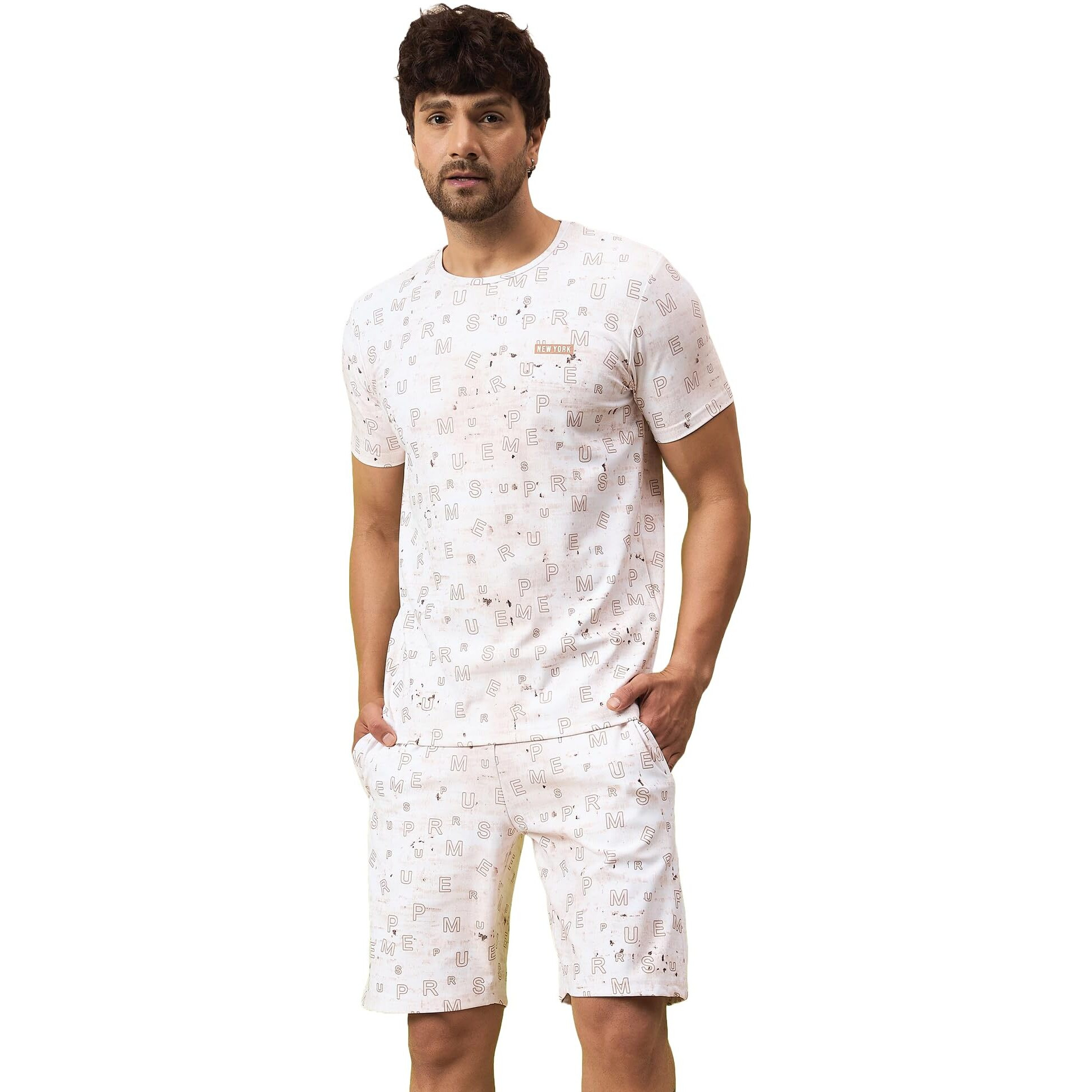 Sweet Dreams Men's Trendy Print Co-Ord Set | T-Shirt & Shorts Sets Outdoor Style | Relaxed Fit Matching Outfit For Home & Streetwear |Soft Fabric Night Suit Set M-3Xl Brown