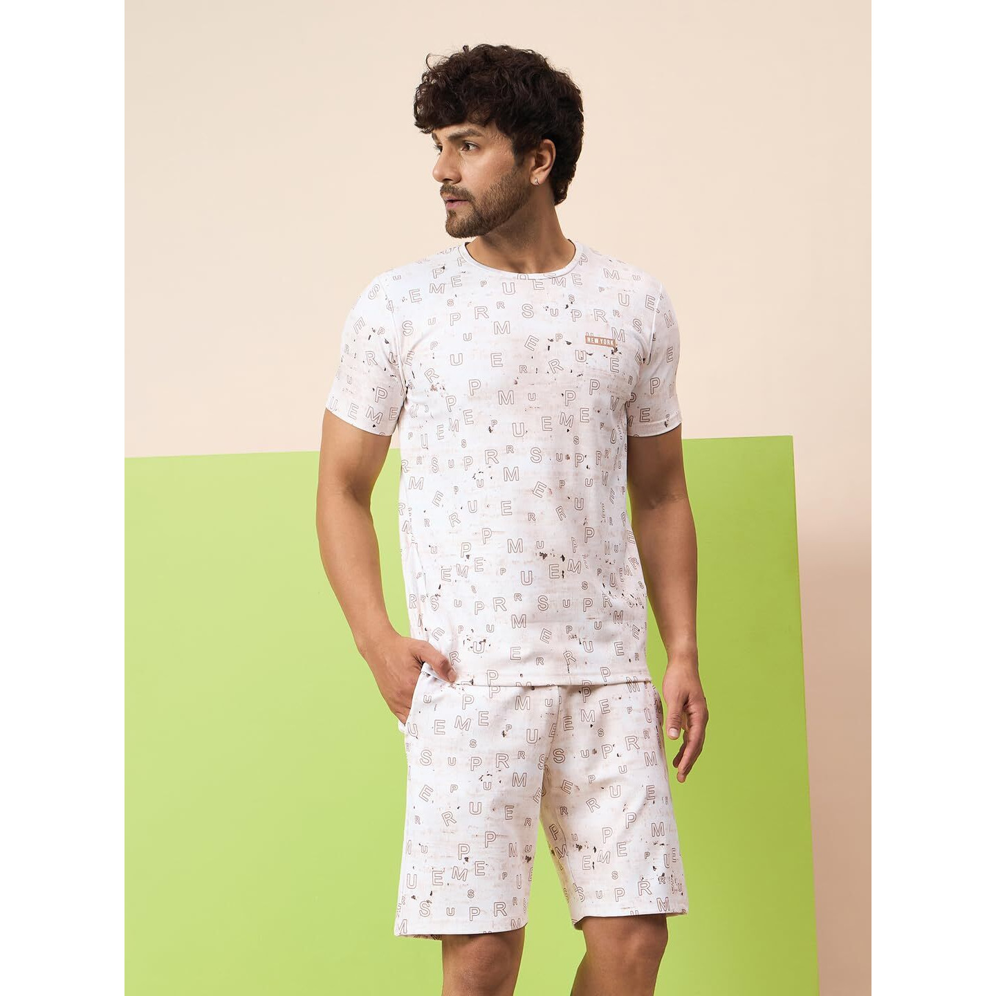 Sweet Dreams Men's Trendy Print Co-Ord Set | T-Shirt & Shorts Sets Outdoor Style | Relaxed Fit Matching Outfit For Home & Streetwear |Soft Fabric Night Suit Set M-3Xl Brown