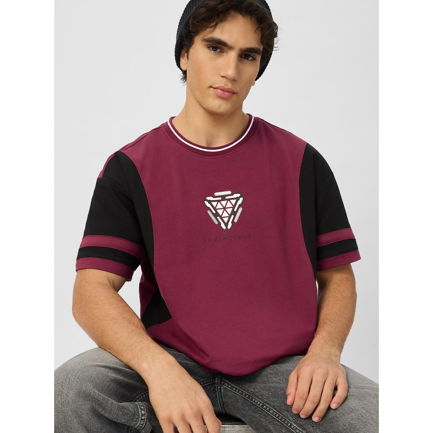 The Souled Store Official Iron Man Arc Reactor Oversized T-Shirt For Men Boys Cotton Casual Half Sleeves Baggy Loose Fit Drop Shoulder Round Neck Maroon And Black
