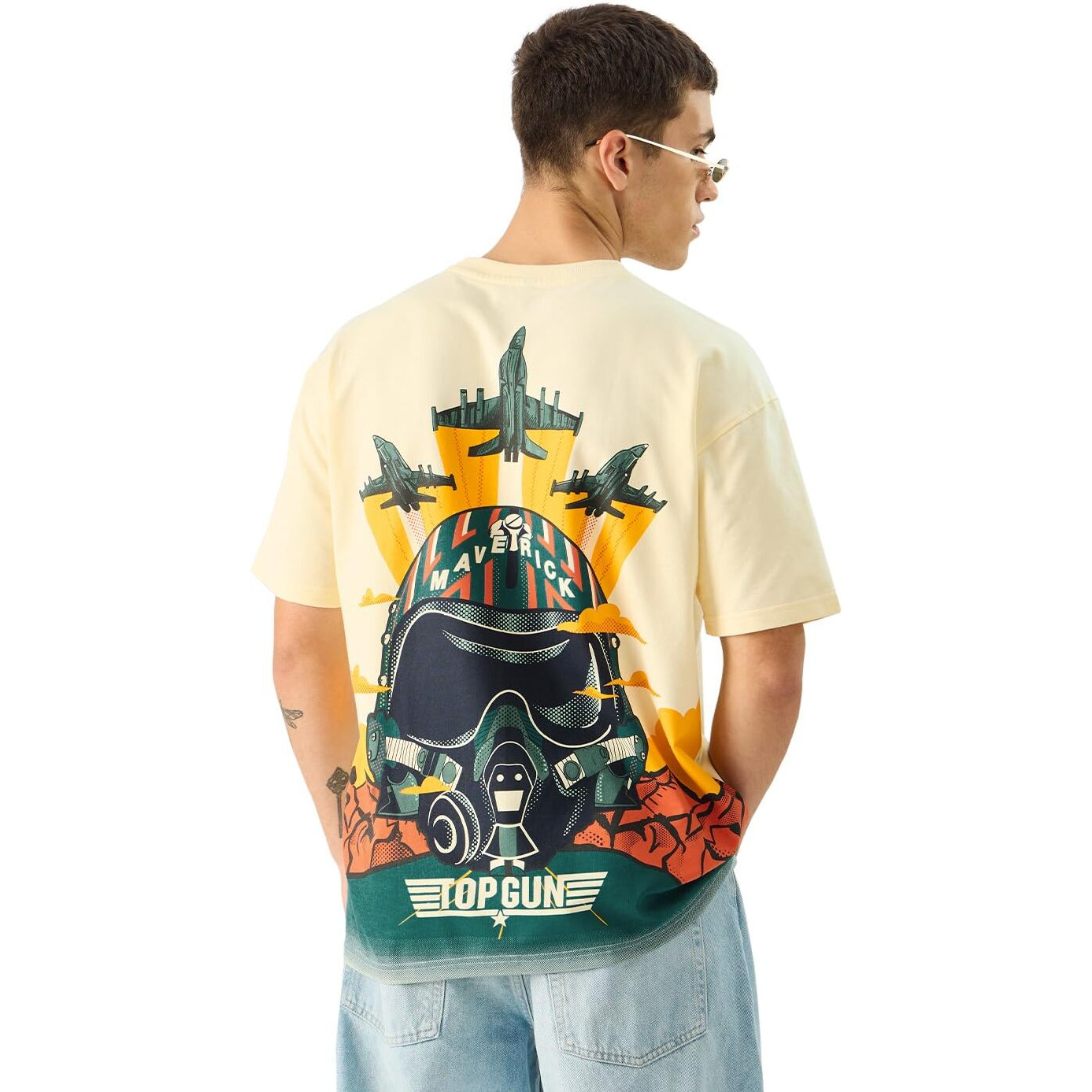 The Souled Store Official Top Gun Jets Off White Graphic Printed Cotton Oversized T-Shirts For Men And Boys - Fly High With Style