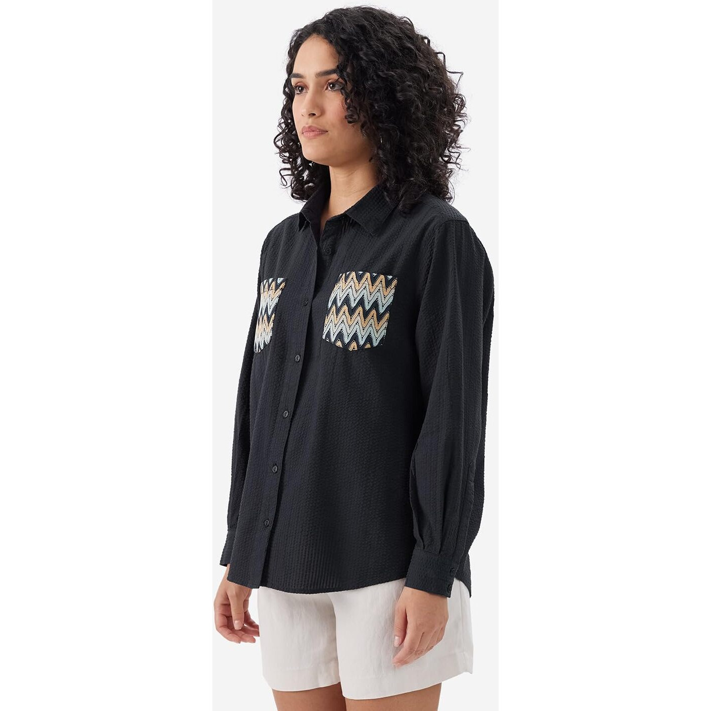 The Souled Store Aruba Women And Girls Long Sleeves Collared Neck Button Front Crochet Pocket Textured Fabric Cotton Boyfriend Shirts