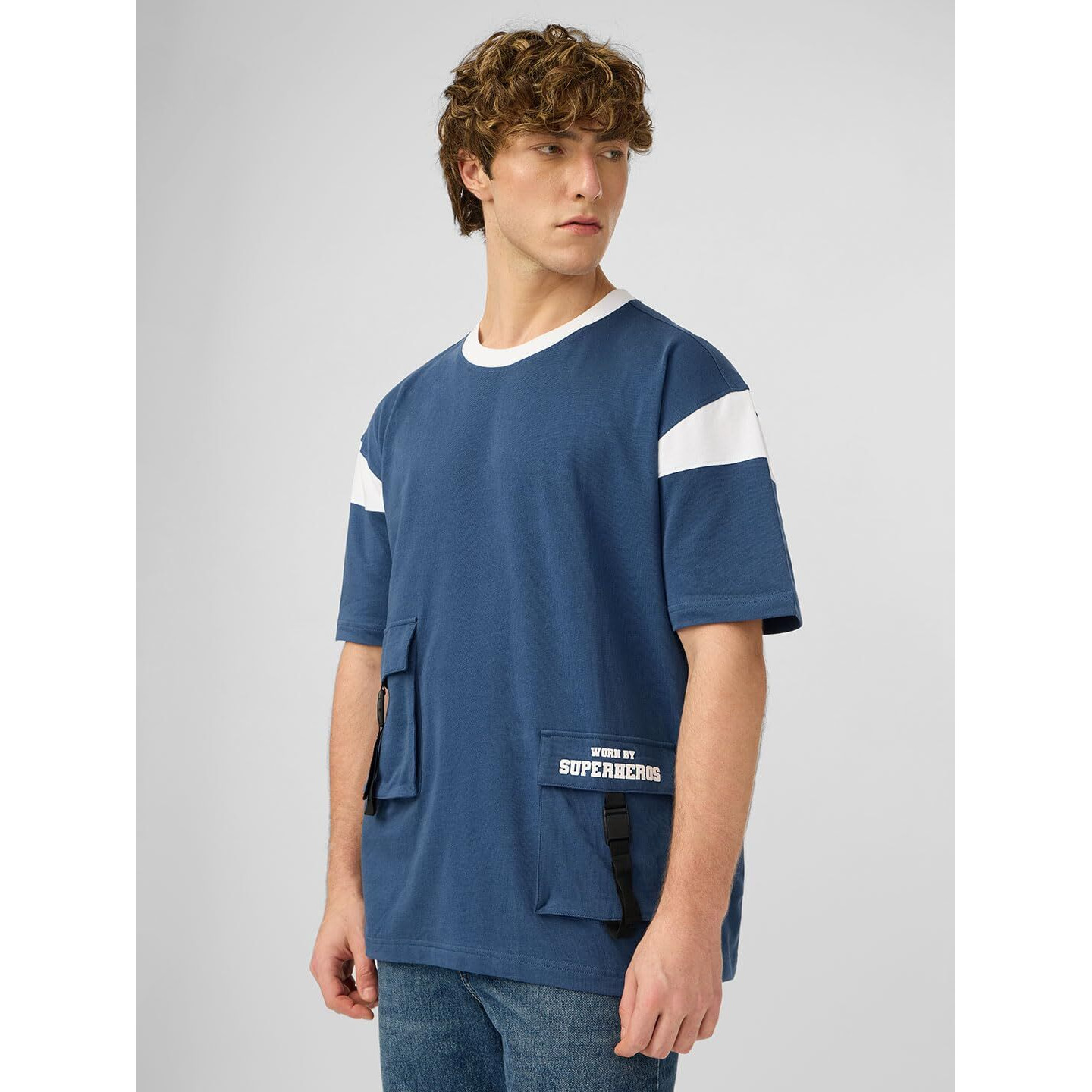 The Souled Store Utility T-Shirt Pacific Men And Boys Short Sleeves Round Neck Blue Solid Cotton Oversized T-Shirts