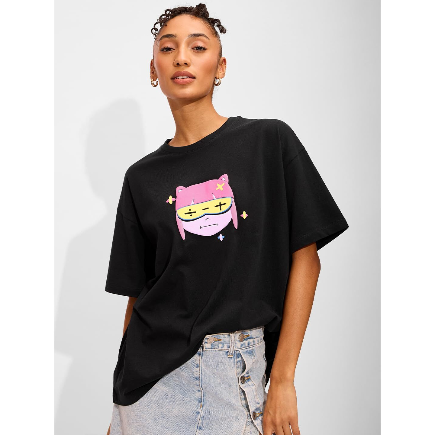 The Souled Store Pretty For Math Women And Girls Short Sleeve Round Cotton Oversized T-Shirts Black