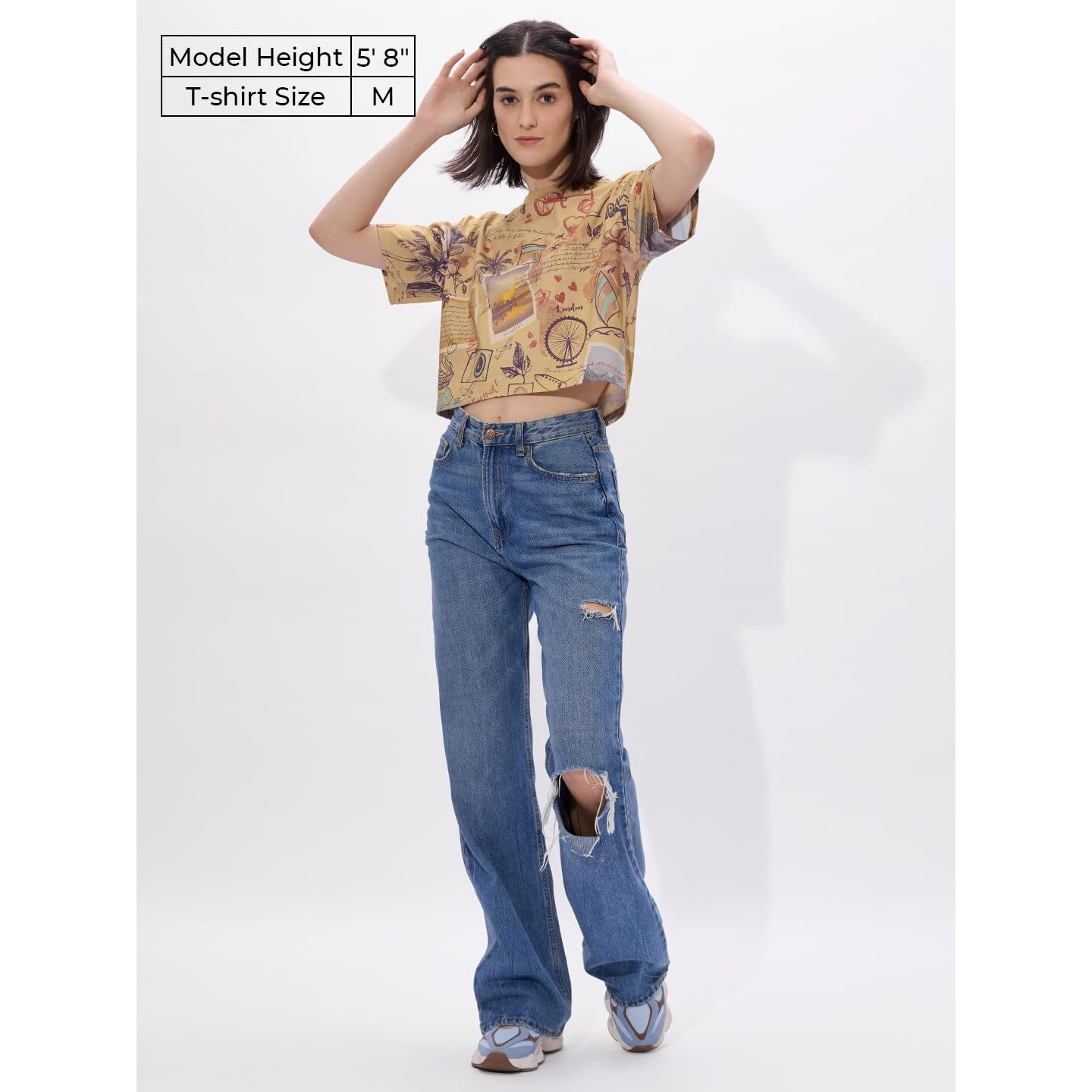The Souled Store Explorer Women And Girls Short Sleeves Round Neck Brown All Over Printed Cotton Oversized Cropped T-Shirts
