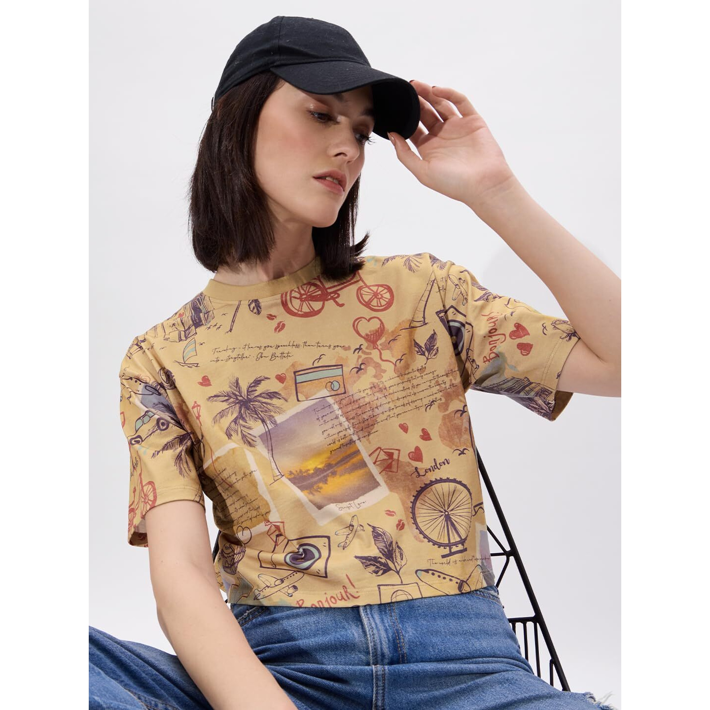 The Souled Store Explorer Women And Girls Short Sleeves Round Neck Brown All Over Printed Cotton Oversized Cropped T-Shirts
