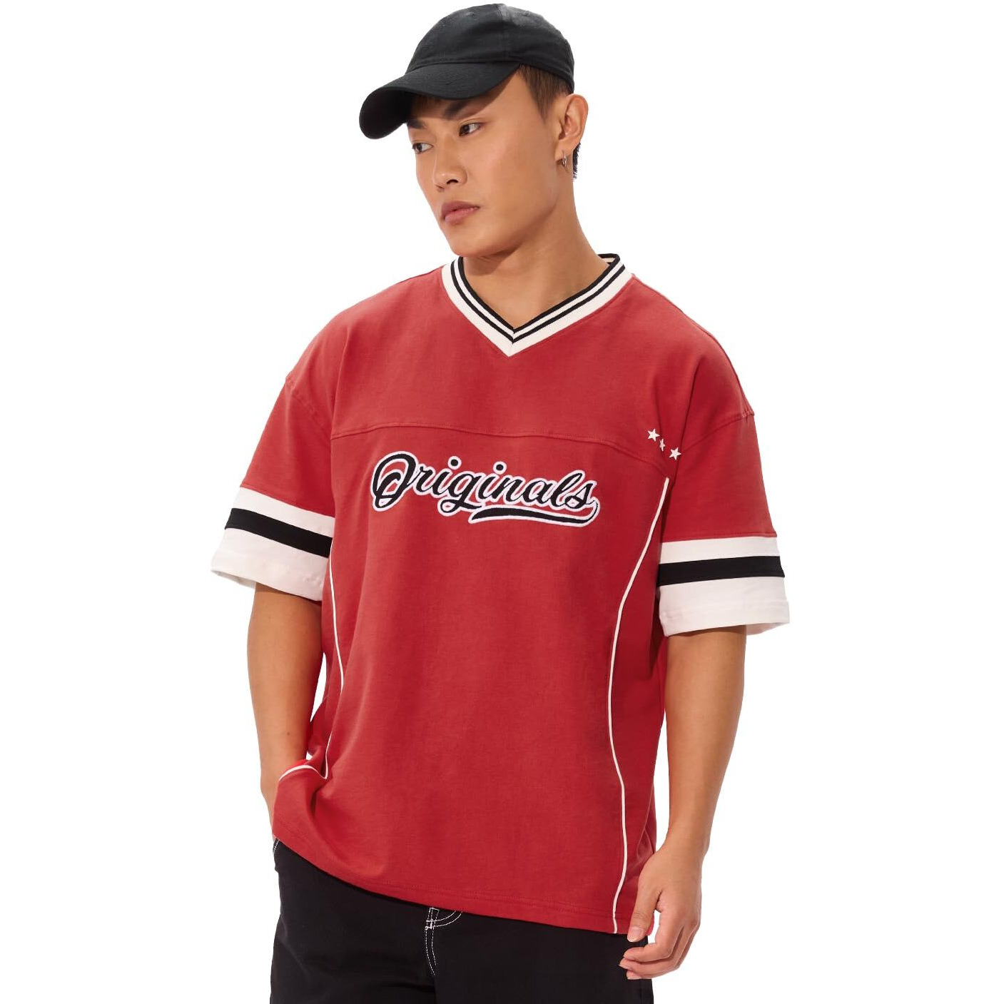 The Souled Store Fiesta Men And Boys Short Sleeves V- Neck Red Embroidered Cotton Oversized T-Shirts