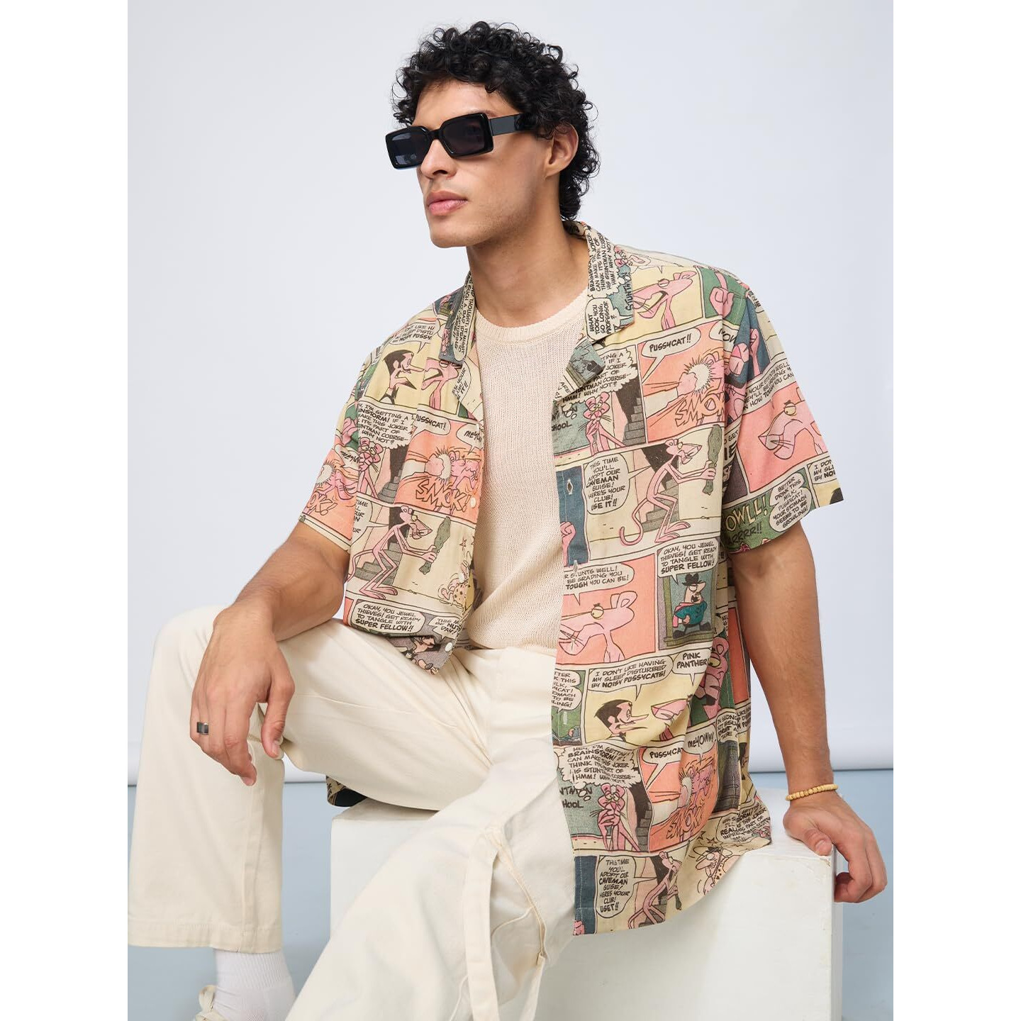 The Souled Store Pink Panther Comics Men And Boys Short Sleeves Collared Neck Button Front Multicolor All Over Printed Viscose Oversized Shirts