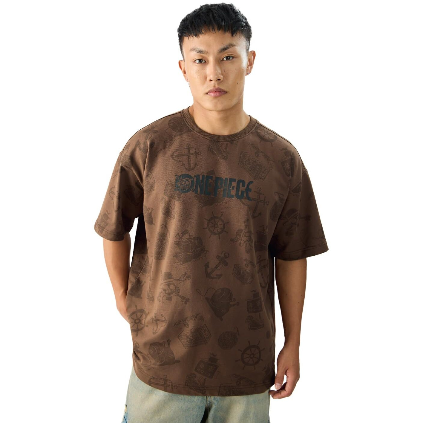 The Souled Store Official One Piece Pirate Tales Short Sleeve Round Neck Brown Graphic Printed Cotton Oversized T-Shirts For Men & Boys