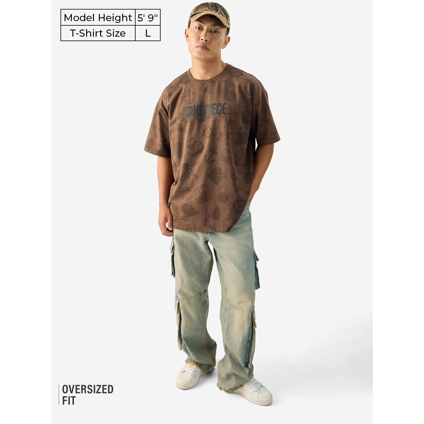 The Souled Store Official One Piece Pirate Tales Short Sleeve Round Neck Brown Graphic Printed Cotton Oversized T-Shirts For Men & Boys