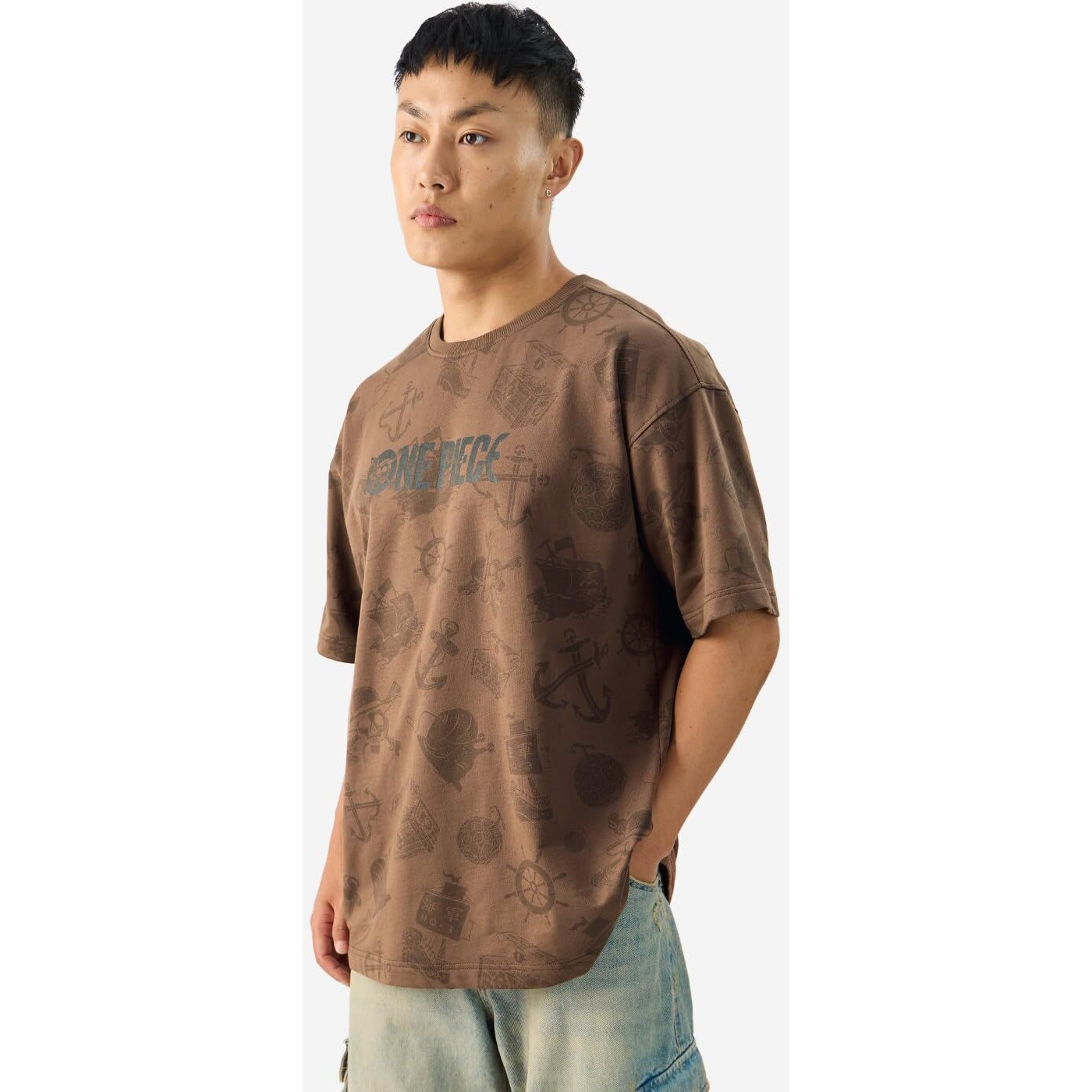 The Souled Store Official One Piece Pirate Tales Short Sleeve Round Neck Brown Graphic Printed Cotton Oversized T-Shirts For Men & Boys