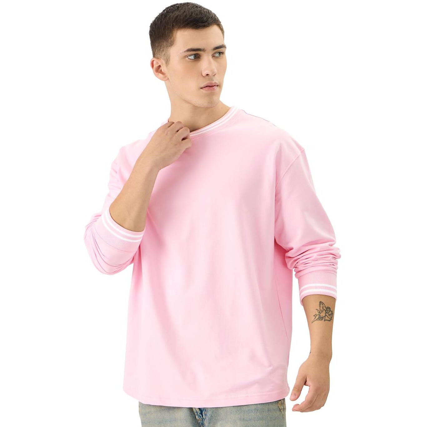 The Souled Store Solids Pastel Pink Men And Boys Round Neck Full Sleeve Cotton Oversized T-Shirts