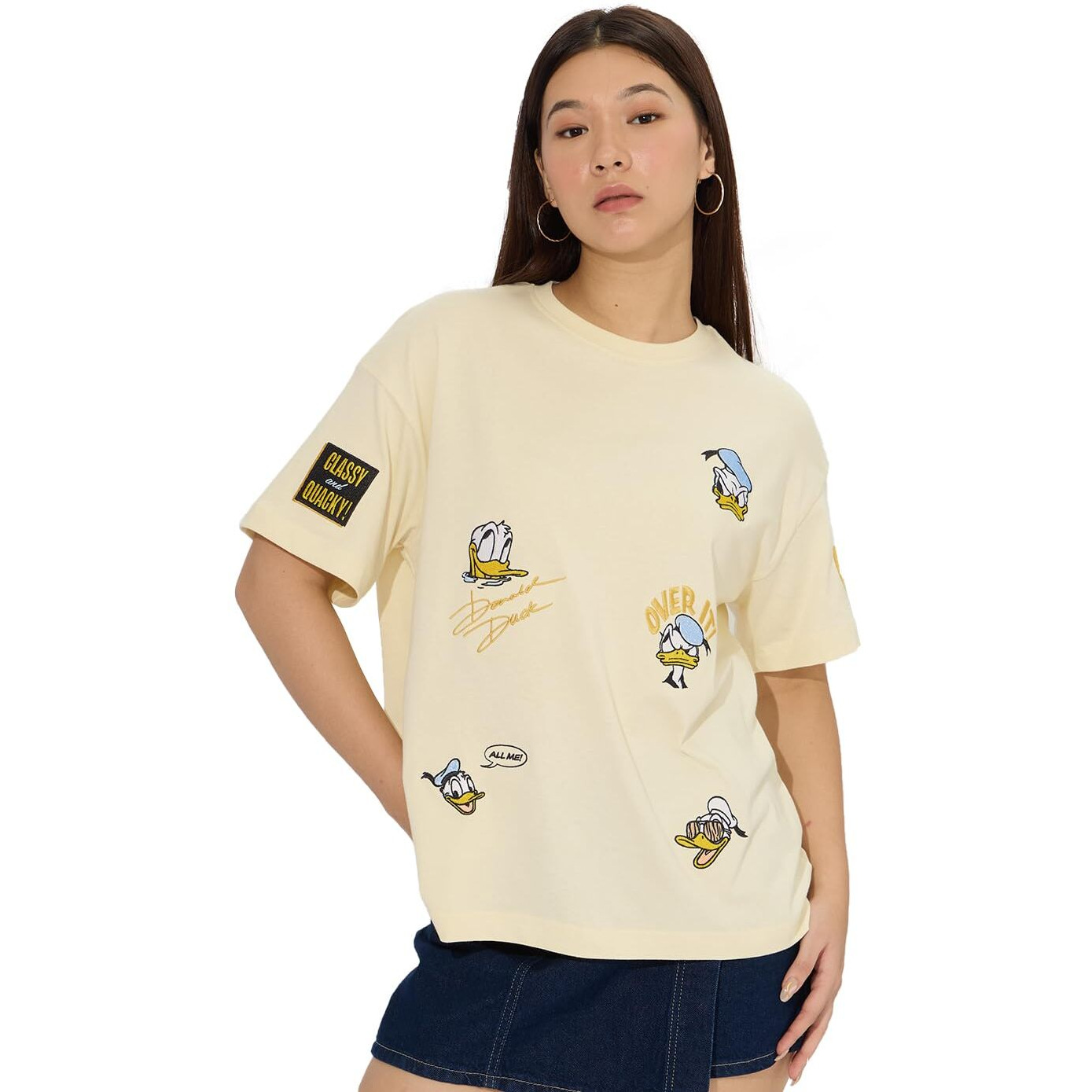 The Souled Store Official Donald Duck Quack Off Women And Girls Short Sleeves Round Neck Yellow Embroidered Cotton Oversized T-Shirts