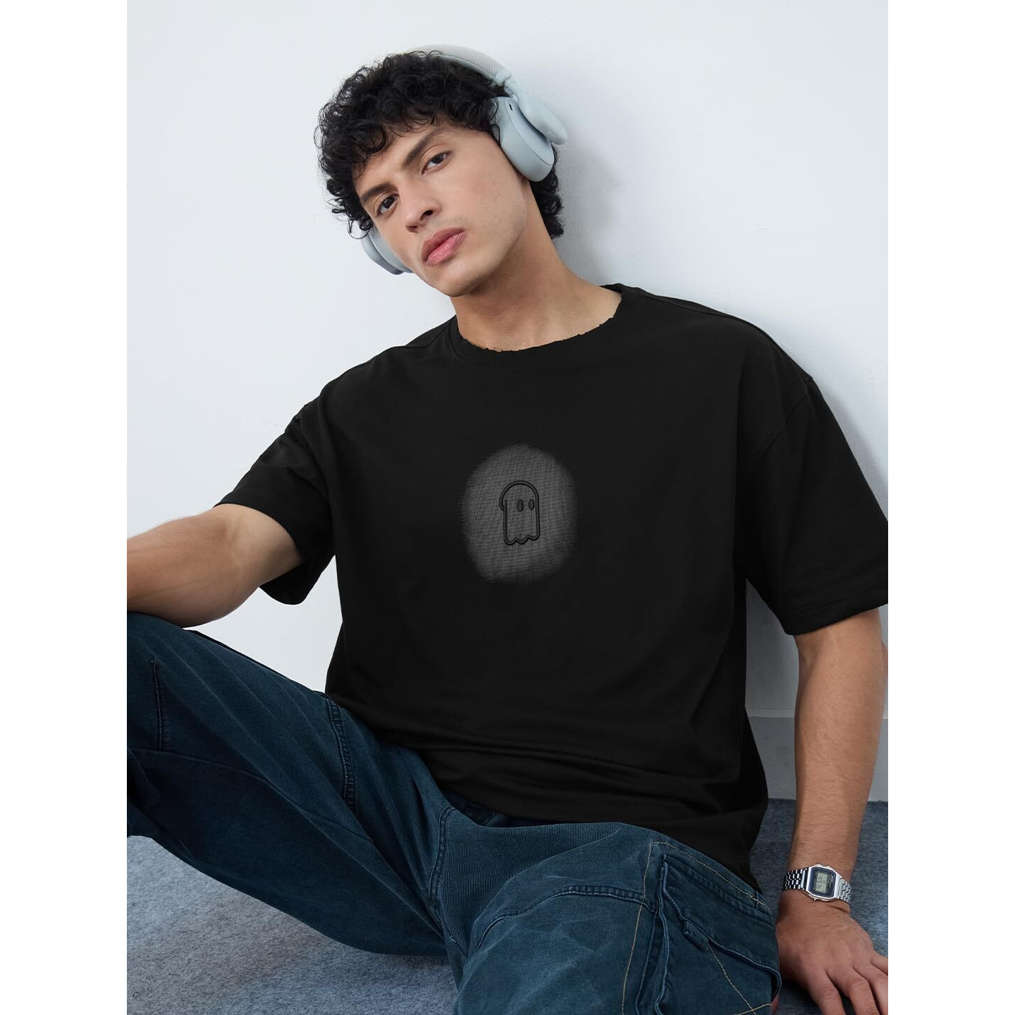 The Souled Store Grunge T-Shirt Dark Soul Men And Boys Short Sleeves Round Neck Black Embroidered Lightweight Comfortable All-Season Cotton Oversized T-Shirts