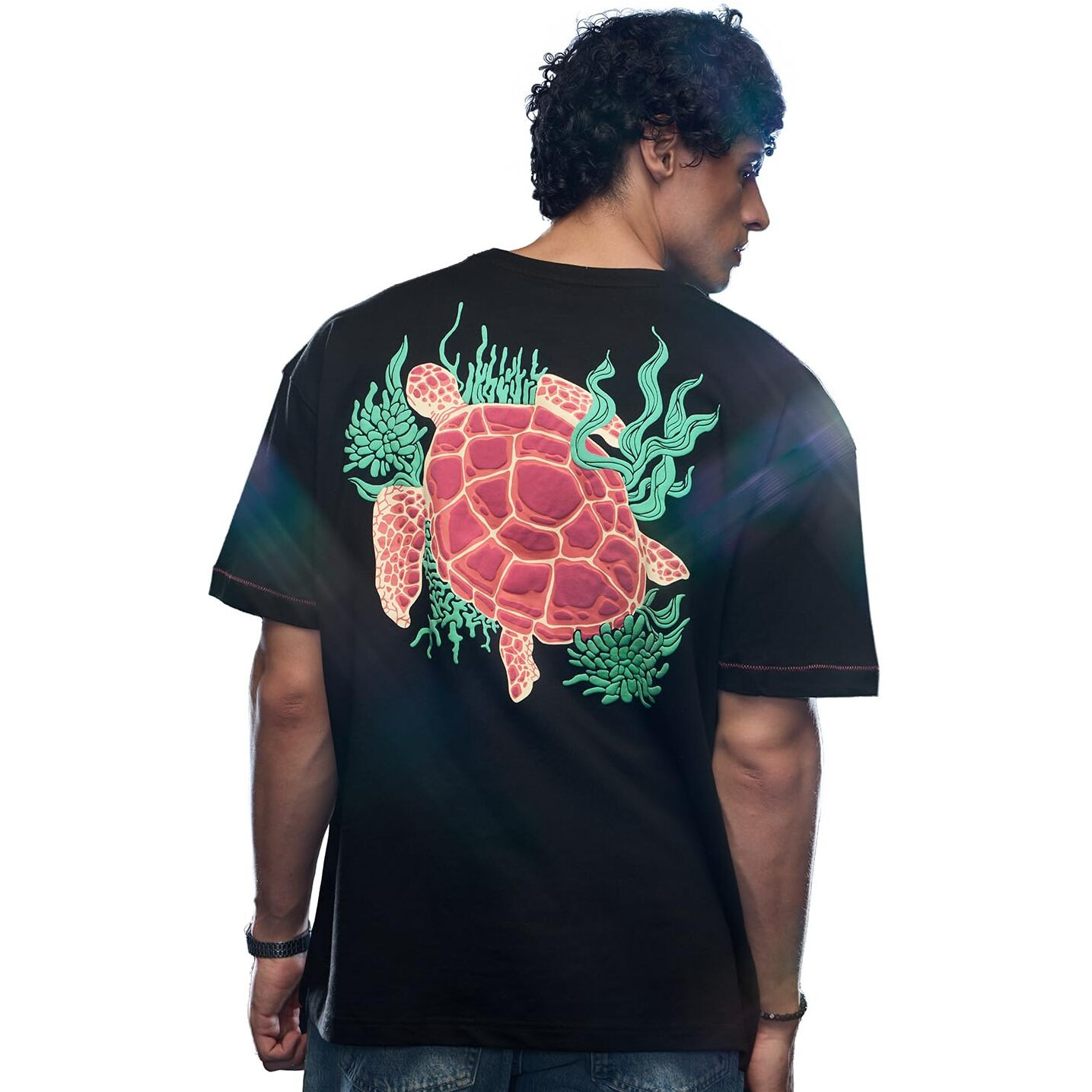 The Souled Store Break Free Turtle Men And Boys Short Sleeves Round Neck Black Puff Printed Cotton Oversized T-Shirts