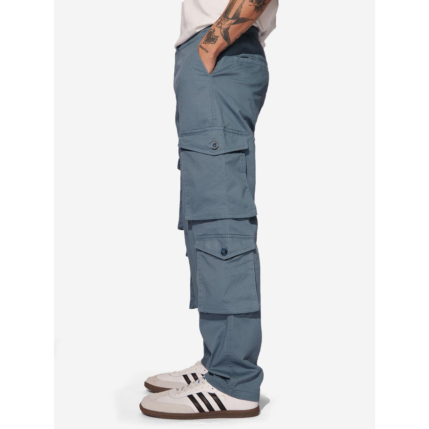 The Souled Store Solids Steel Blue Men And Boys Buttoned Cotton Blend Straight Fit Cargo Pants