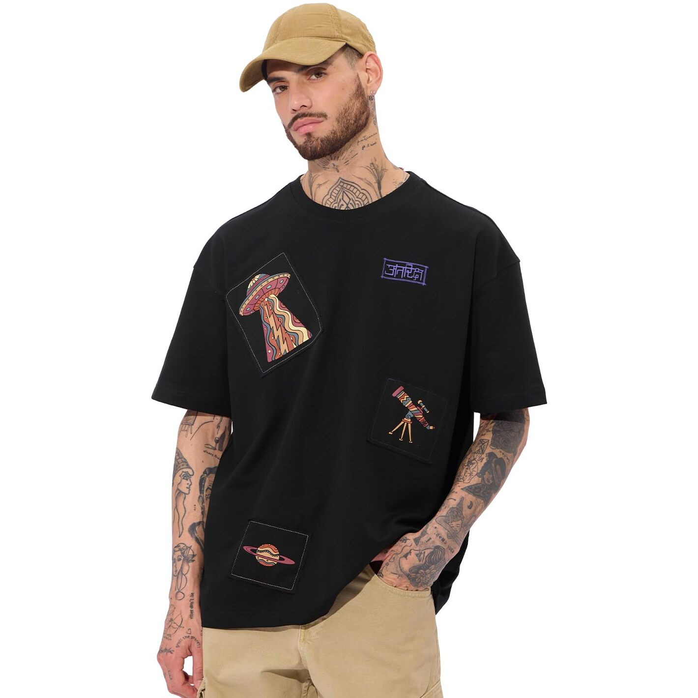 The Souled Store Antariksh Oversized T-Shirt For Men Boys Cotton Casual Half Sleeves Baggy Loose Fit Drop Shoulder Round Neck Black