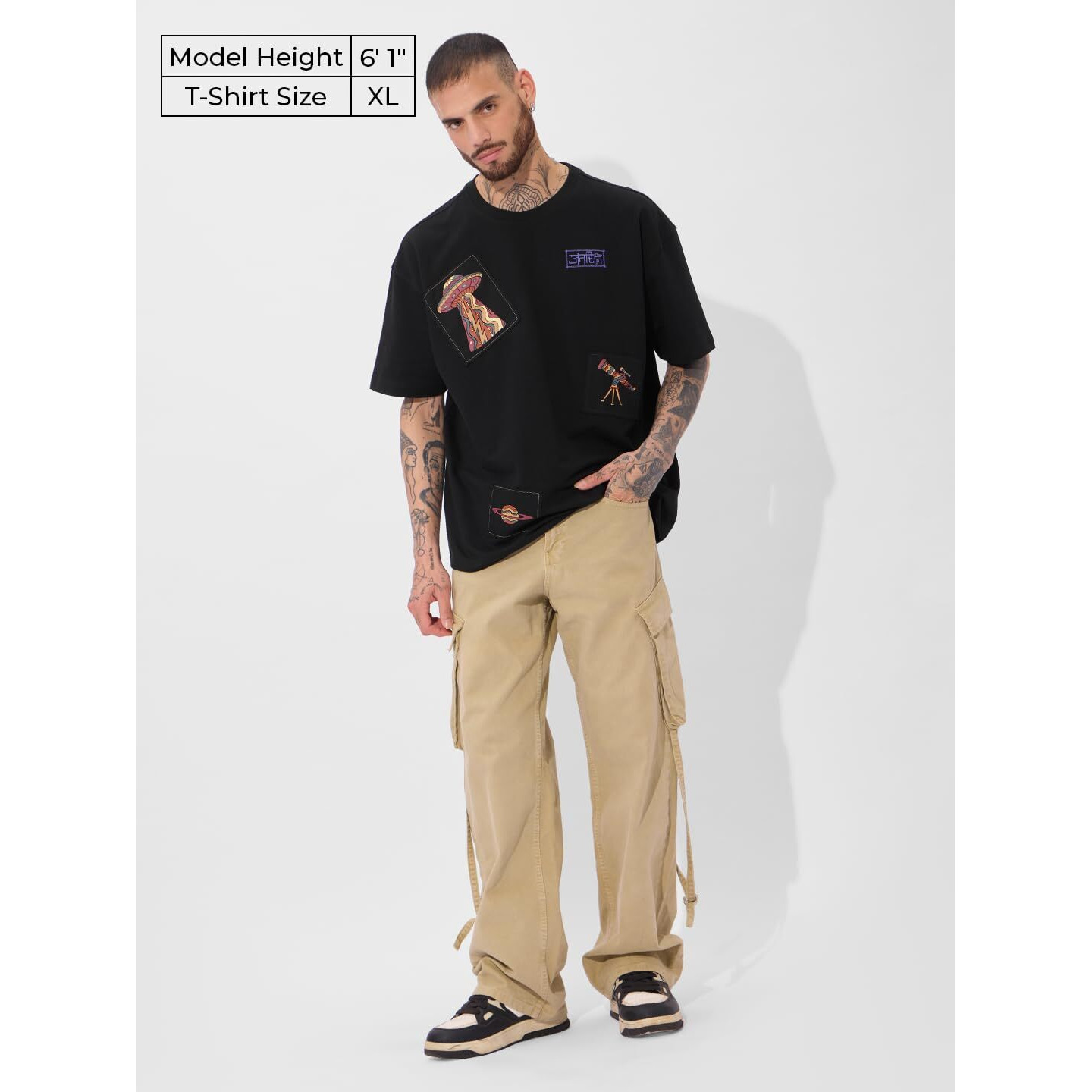 The Souled Store Antariksh Oversized T-Shirt For Men Boys Cotton Casual Half Sleeves Baggy Loose Fit Drop Shoulder Round Neck Black