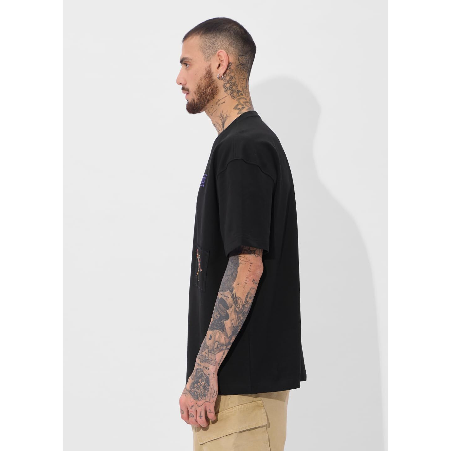 The Souled Store Antariksh Oversized T-Shirt For Men Boys Cotton Casual Half Sleeves Baggy Loose Fit Drop Shoulder Round Neck Black
