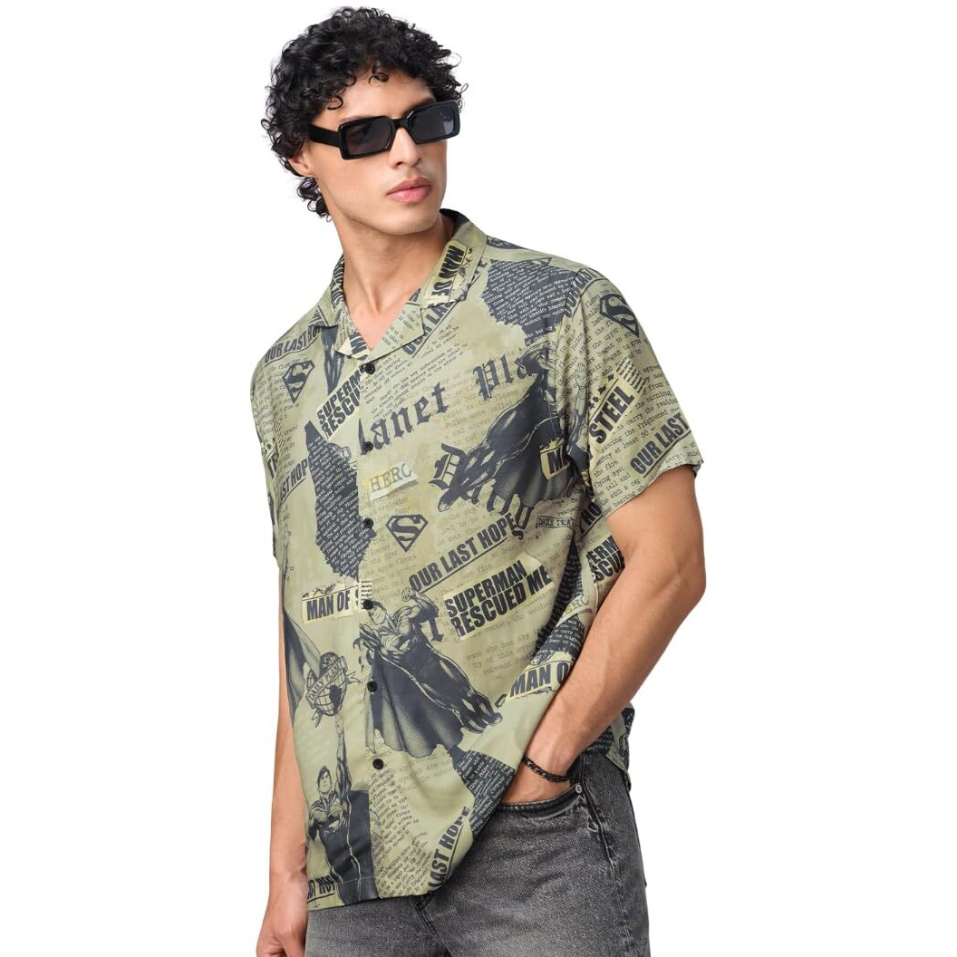 The Souled Store Superman It's In The News Men And Boys Short Sleeves Collared Neck Button Front Grey All Over Printed Regular Fit Rayon Holiday Shirts