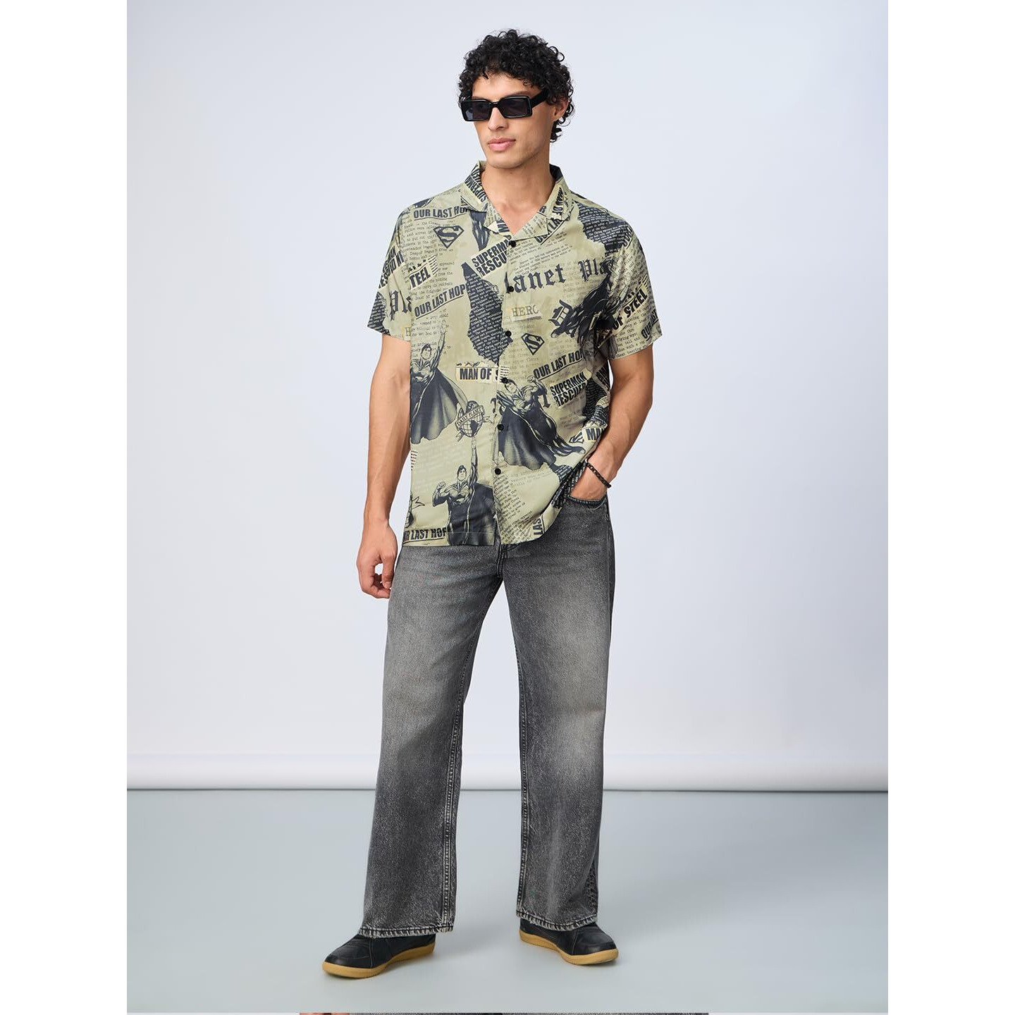 The Souled Store Superman It's In The News Men And Boys Short Sleeves Collared Neck Button Front Grey All Over Printed Regular Fit Rayon Holiday Shirts