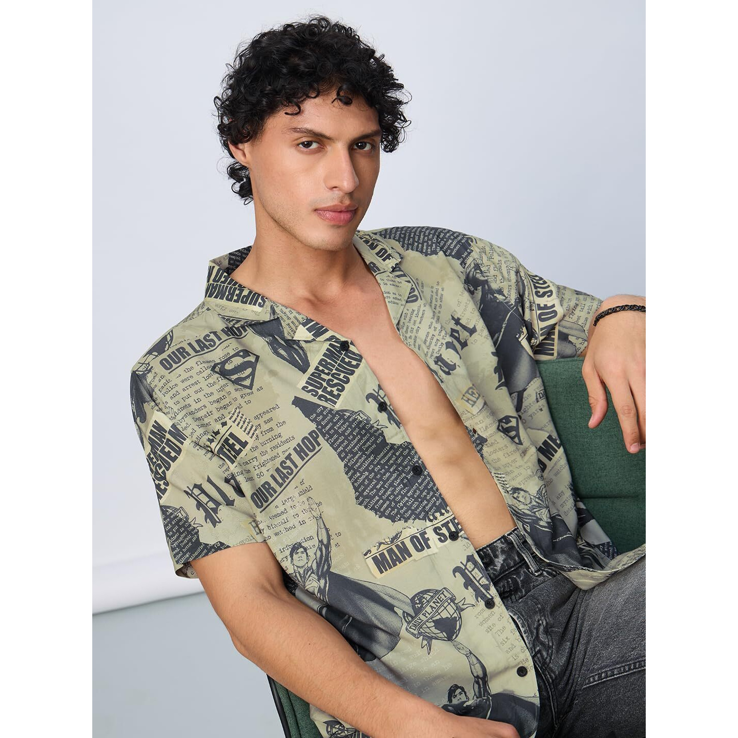 The Souled Store Superman It's In The News Men And Boys Short Sleeves Collared Neck Button Front Grey All Over Printed Regular Fit Rayon Holiday Shirts
