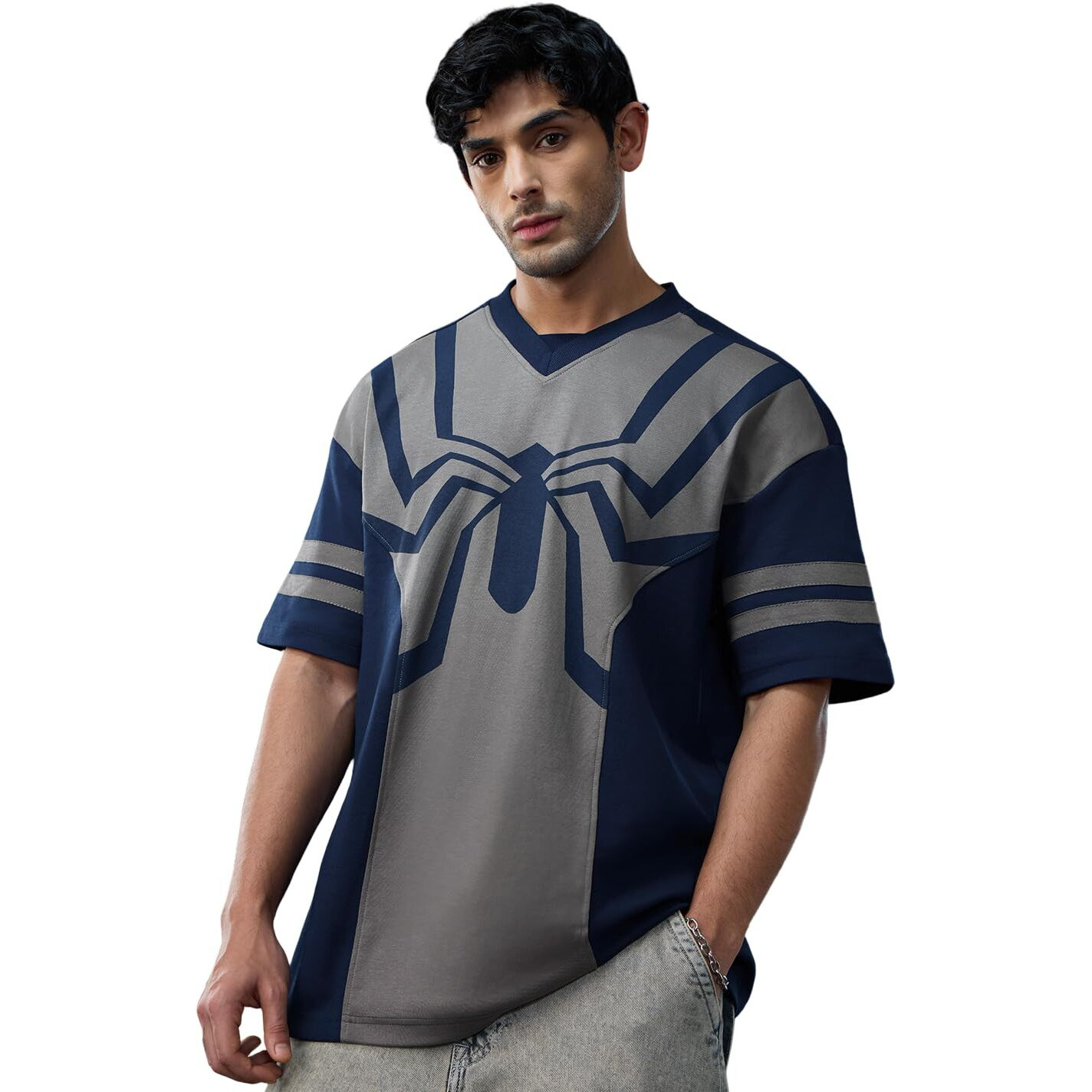 The Souled Store Spider-Man Oscorp Suit Men And Boys Short Sleeves V-Neck Blue And Grey Printed Cotton Breathable Lightweight All-Season Oversized T-Shirt