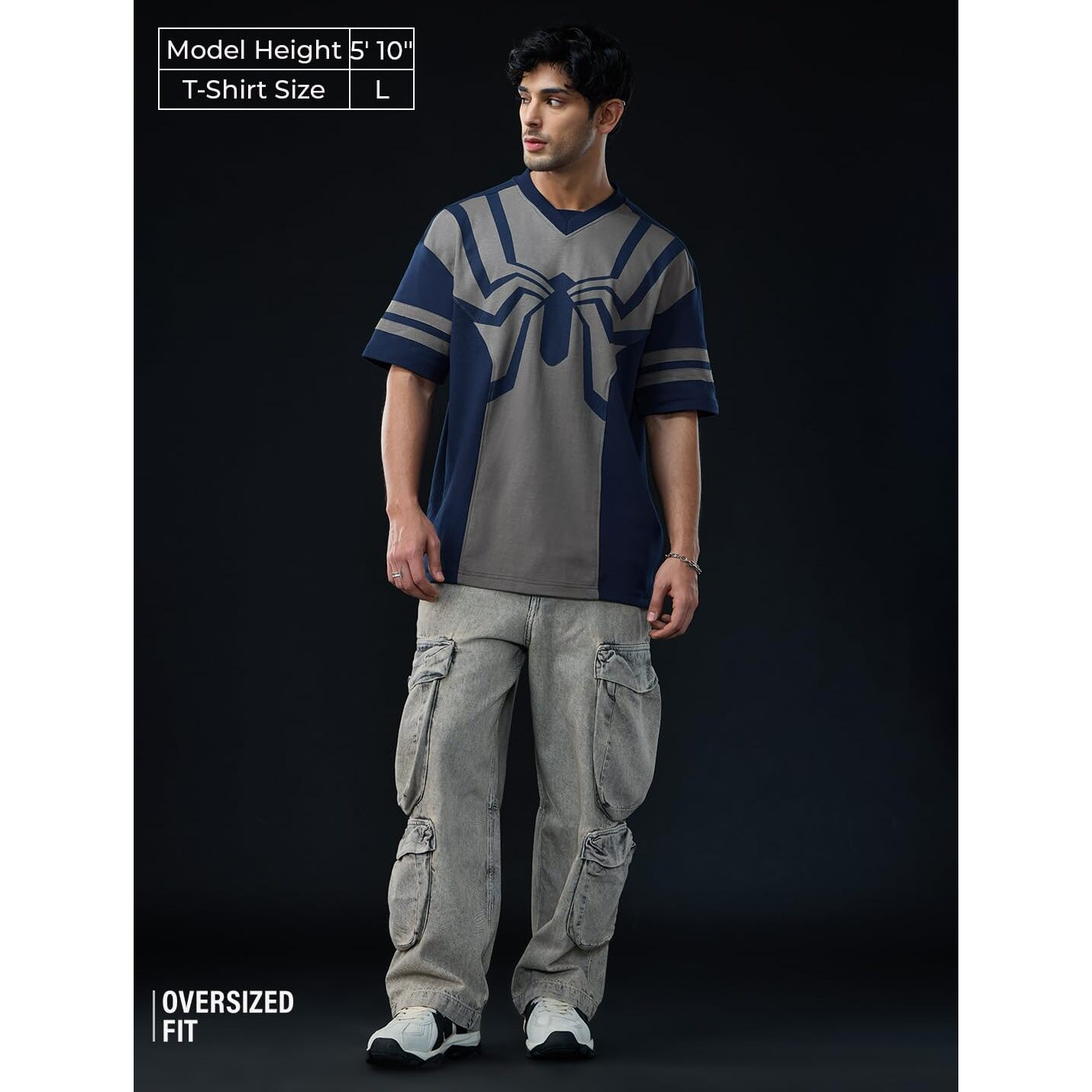 The Souled Store Spider-Man Oscorp Suit Men And Boys Short Sleeves V-Neck Blue And Grey Printed Cotton Breathable Lightweight All-Season Oversized T-Shirt